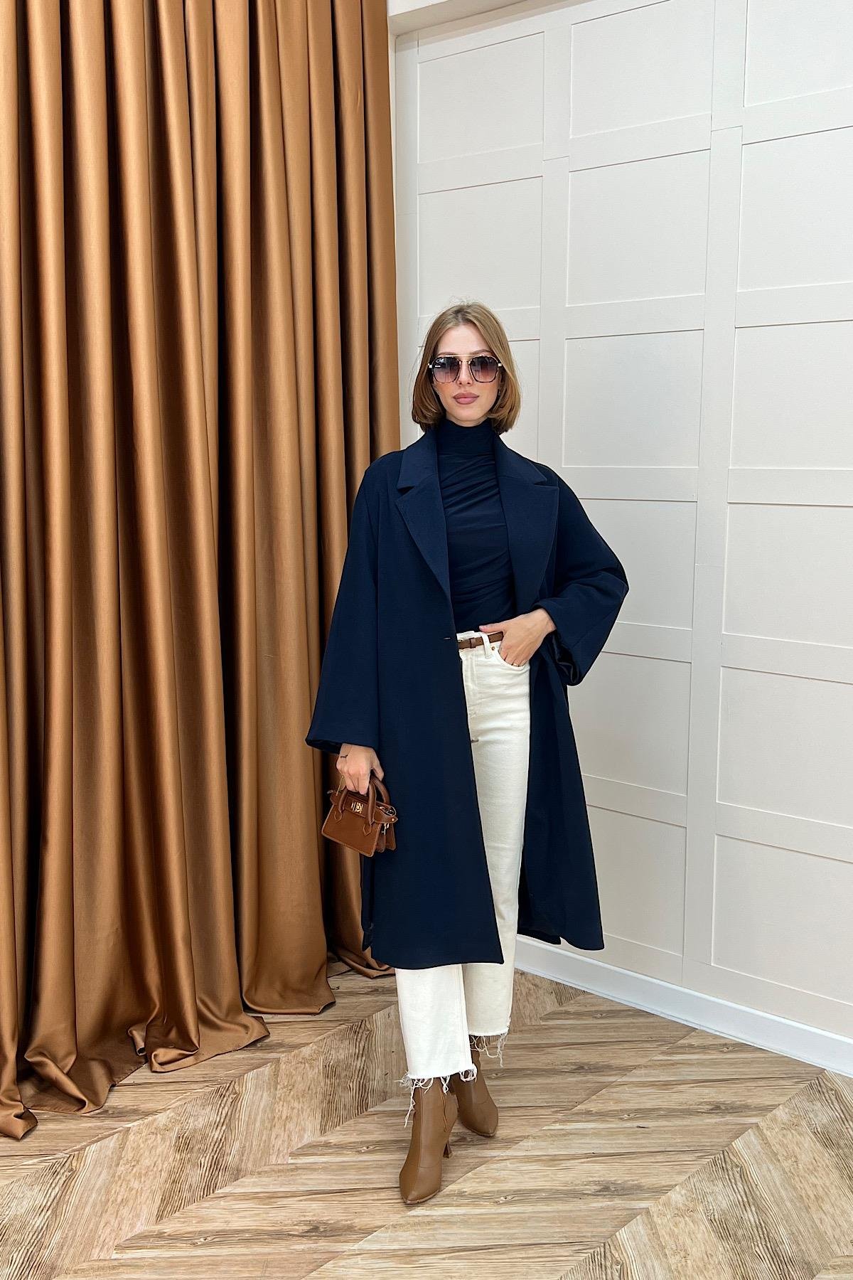 Yıldız Premium Kumaş Kuşaklı Kaban Lacivert