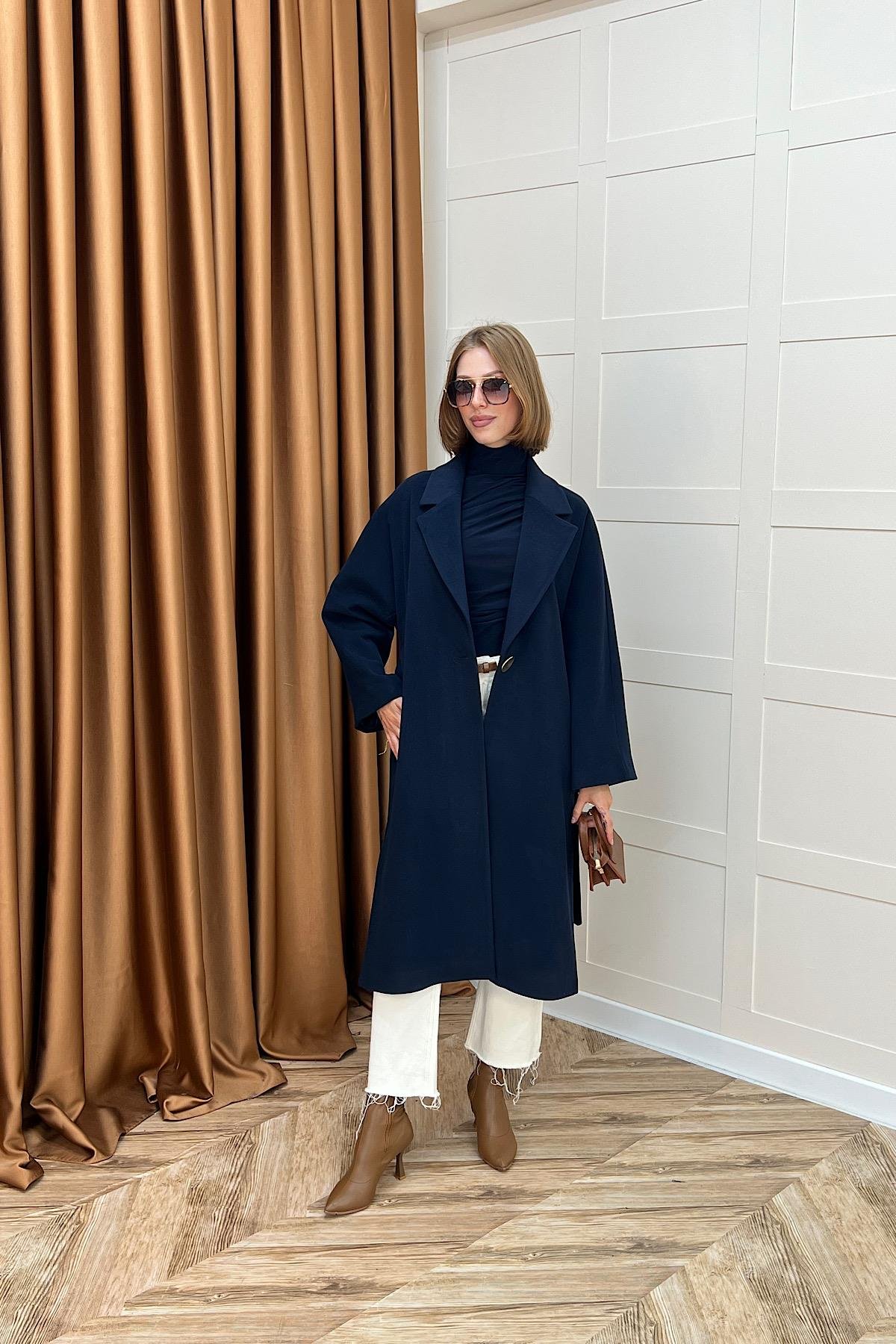 Yıldız Premium Kumaş Kuşaklı Kaban Lacivert