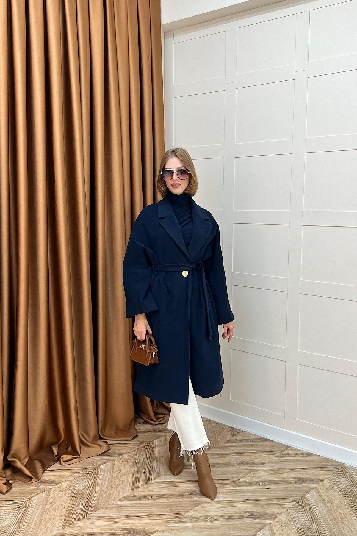 Yıldız Premium Kumaş Kuşaklı Kaban Lacivert