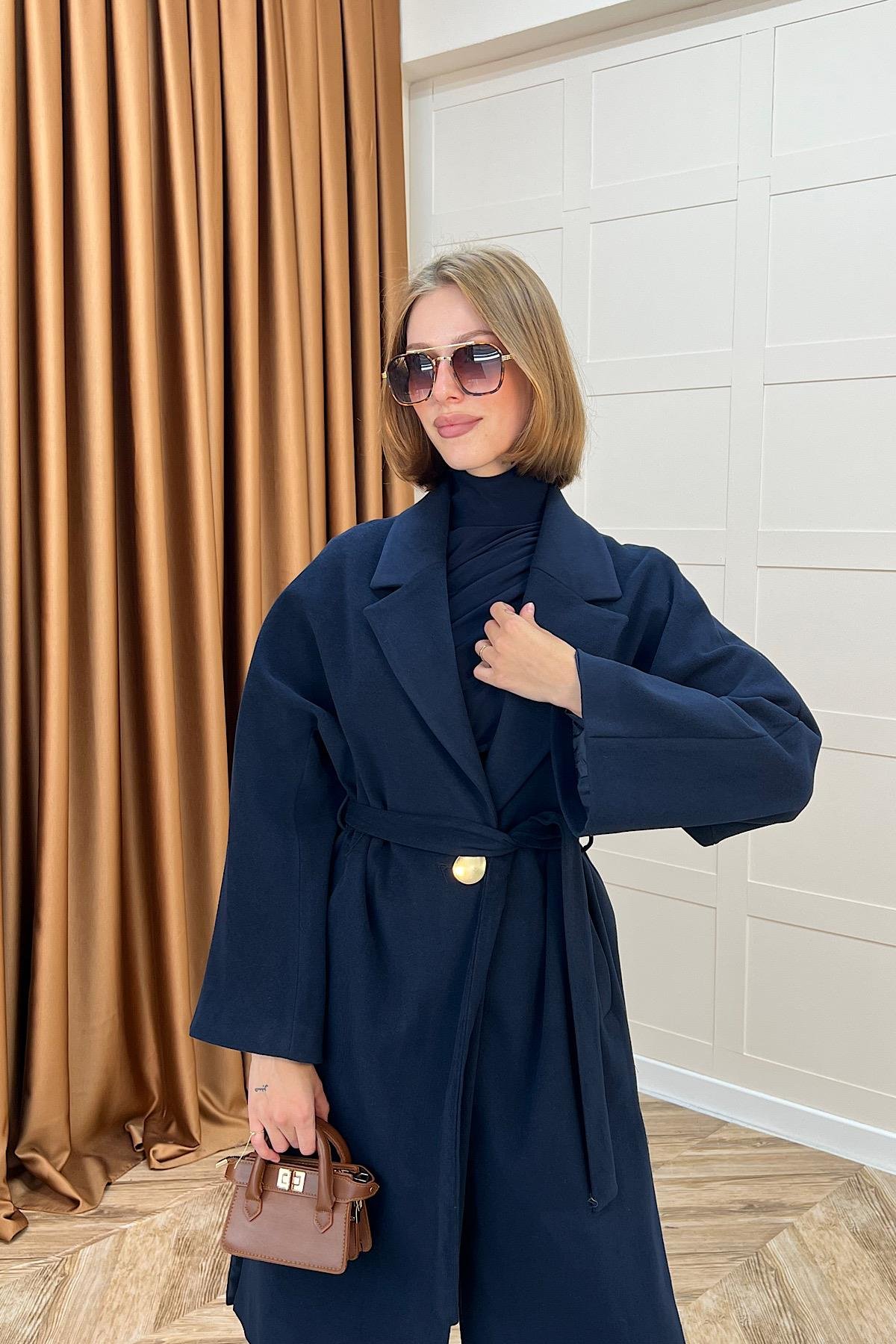 Yıldız Premium Kumaş Kuşaklı Kaban Lacivert