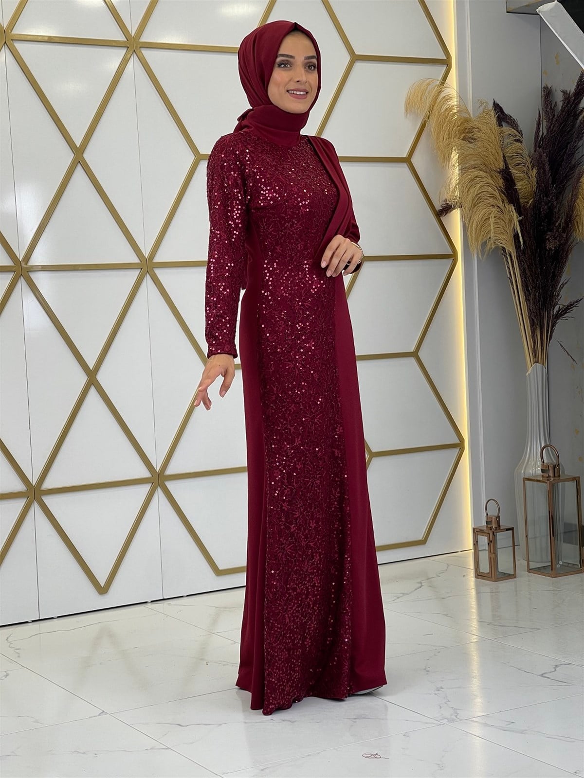 Pasture Stamp Sequined Dareli Hidden Zipper Judge Collar Hijab Evening Dress Bordeaux