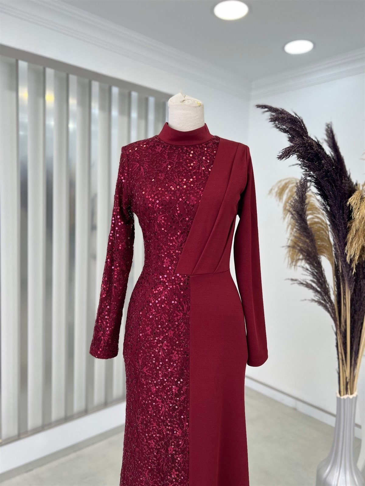 Pasture Stamp Sequined Dareli Hidden Zipper Judge Collar Hijab Evening Dress Bordeaux