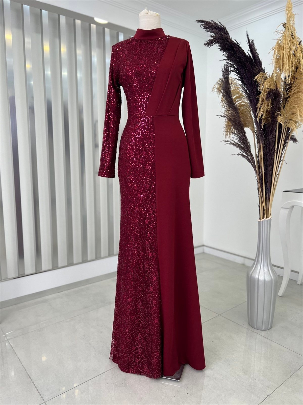 Pasture Stamp Sequined Dareli Hidden Zipper Judge Collar Hijab Evening Dress Bordeaux