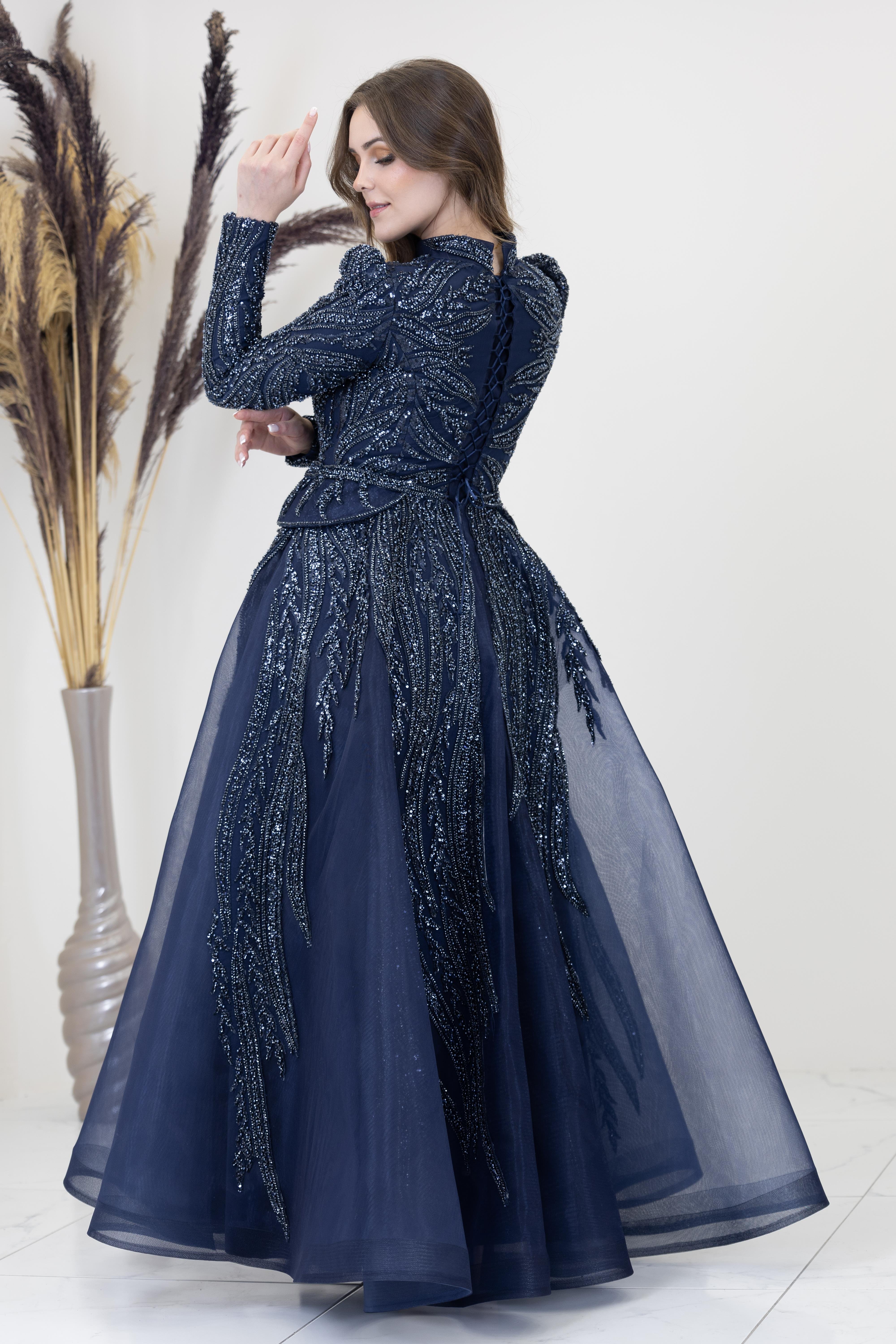 Aplik İşlemeli Şahsenem Abiye - Lacivert