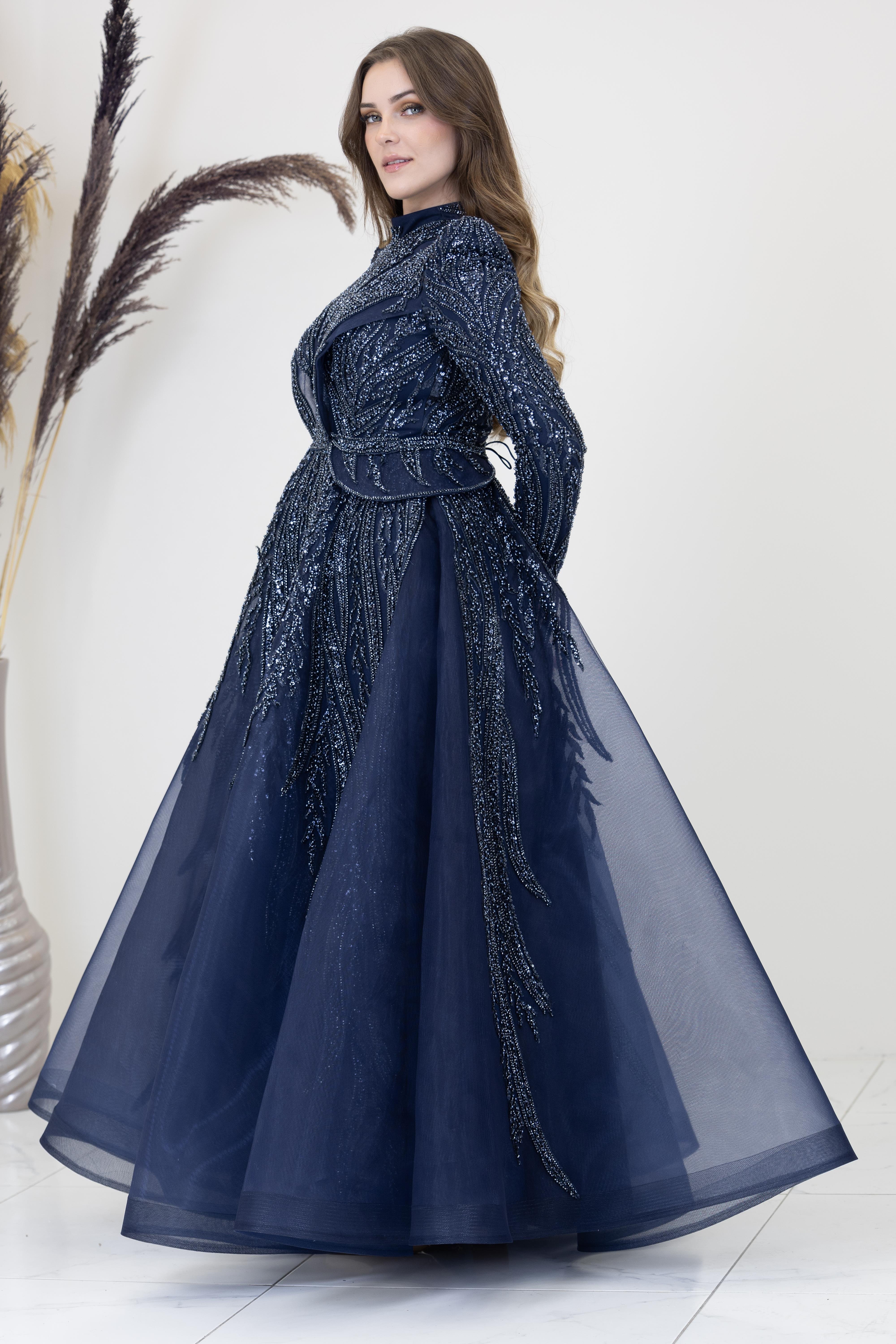 Aplik İşlemeli Şahsenem Abiye - Lacivert