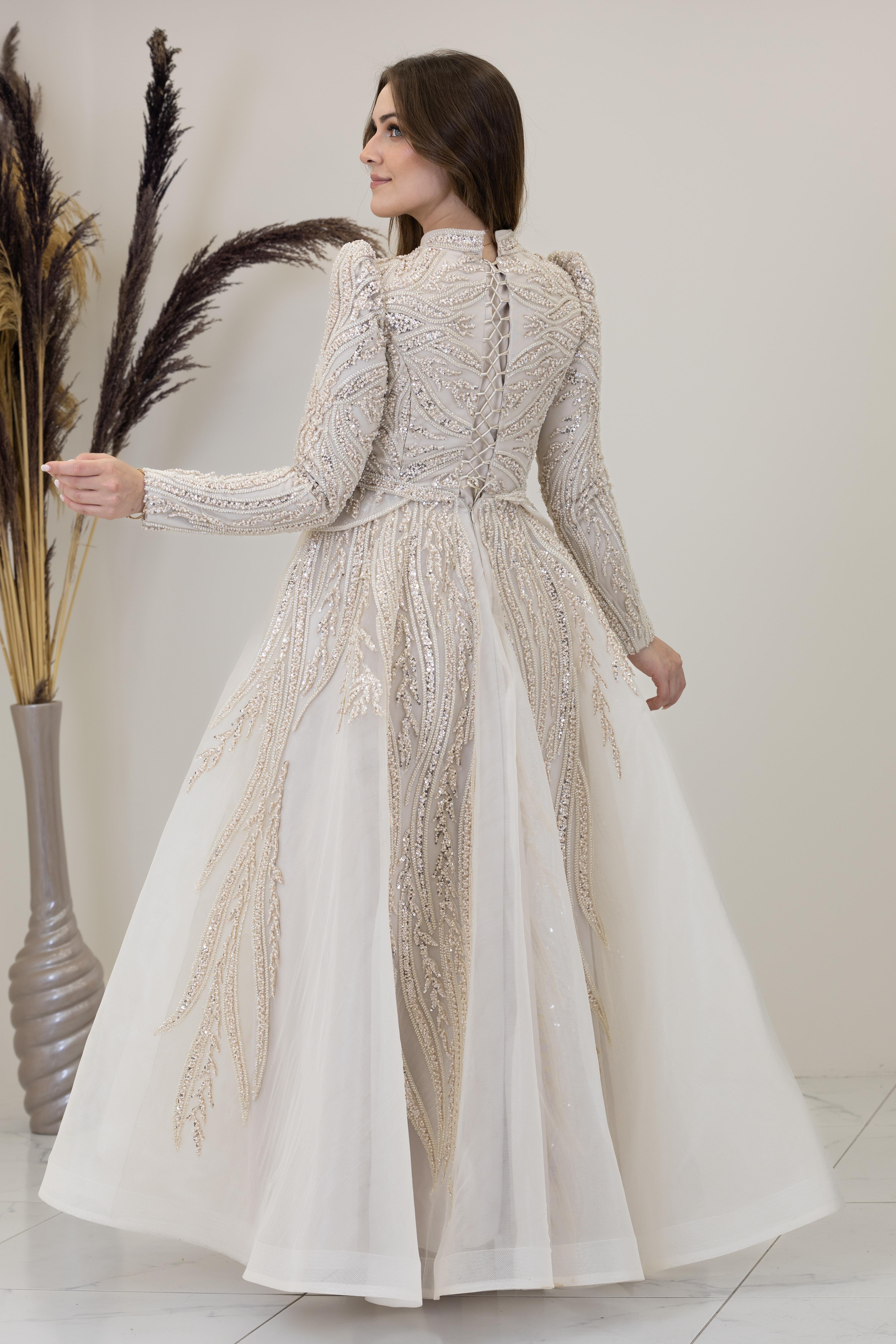 Aplik İşlemeli Şahsenem Abiye - Taş Rengi