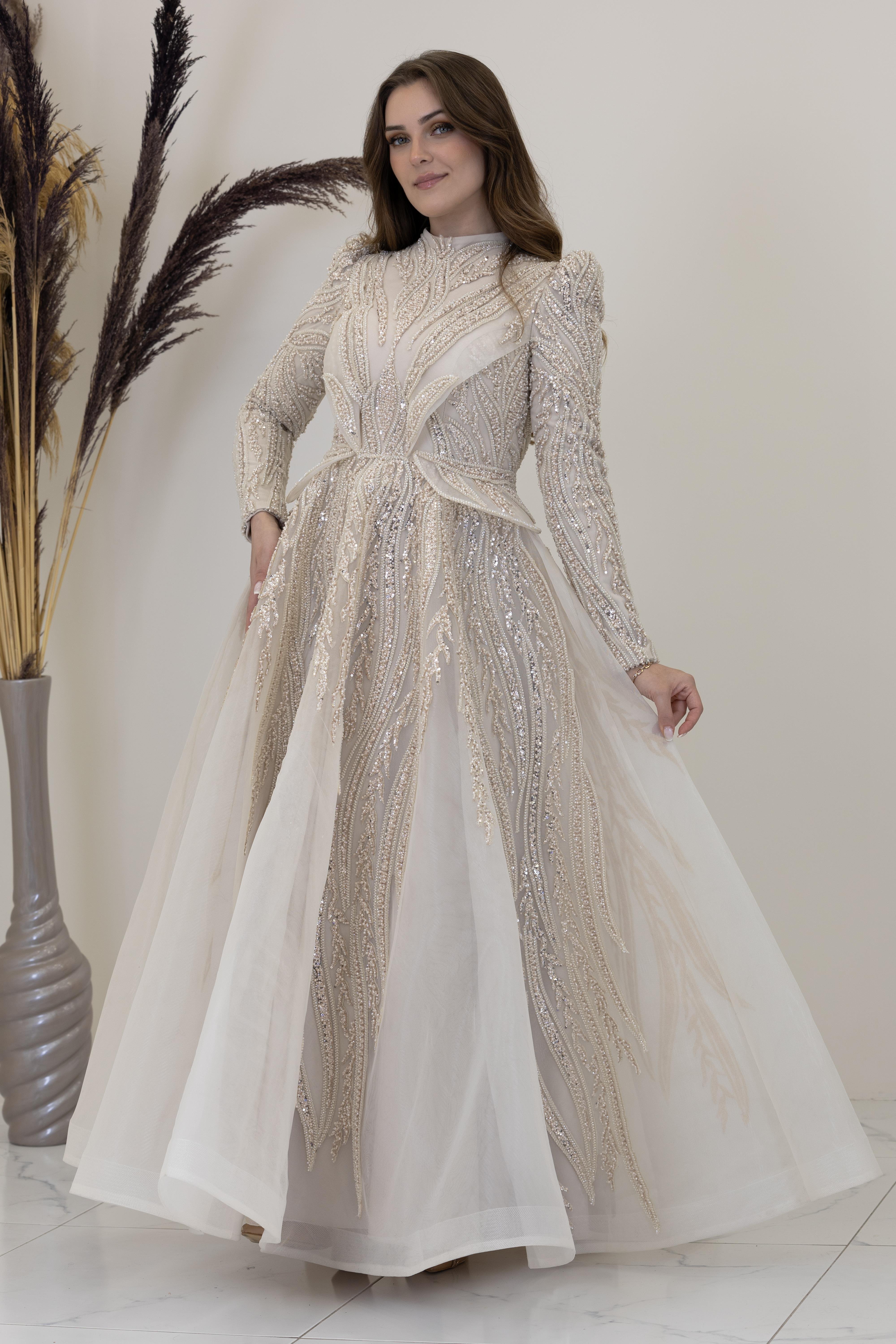 Aplik İşlemeli Şahsenem Abiye - Taş Rengi