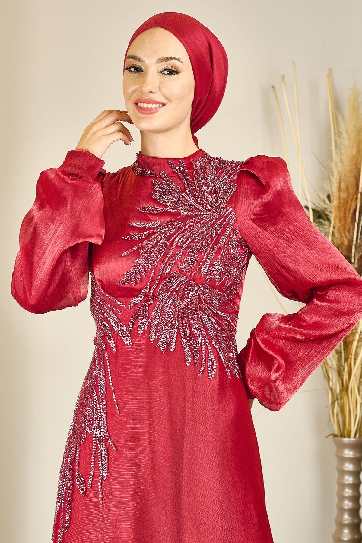 Aplik İşlemeli Yağmur Tesettür Abiye - Bordo