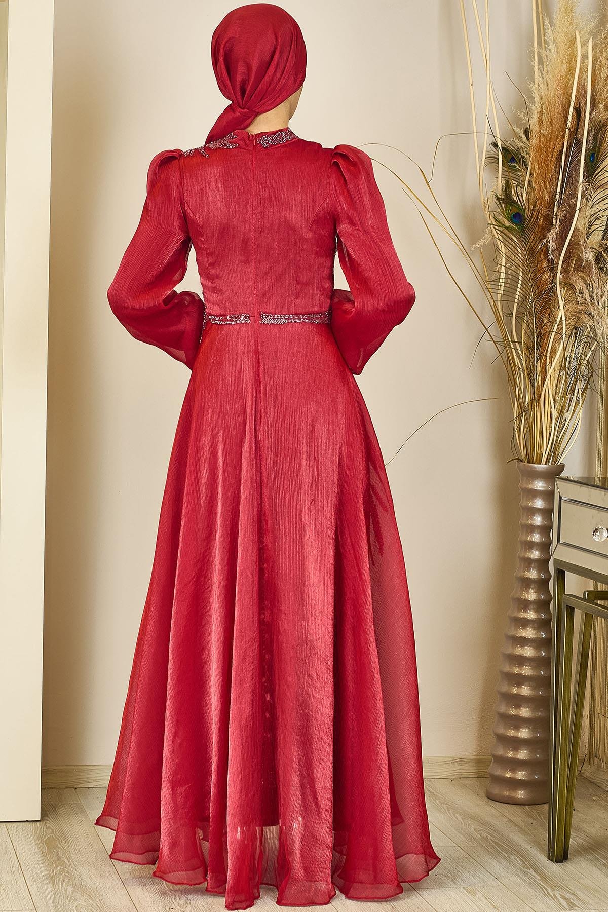 Aplik İşlemeli Yağmur Tesettür Abiye - Bordo