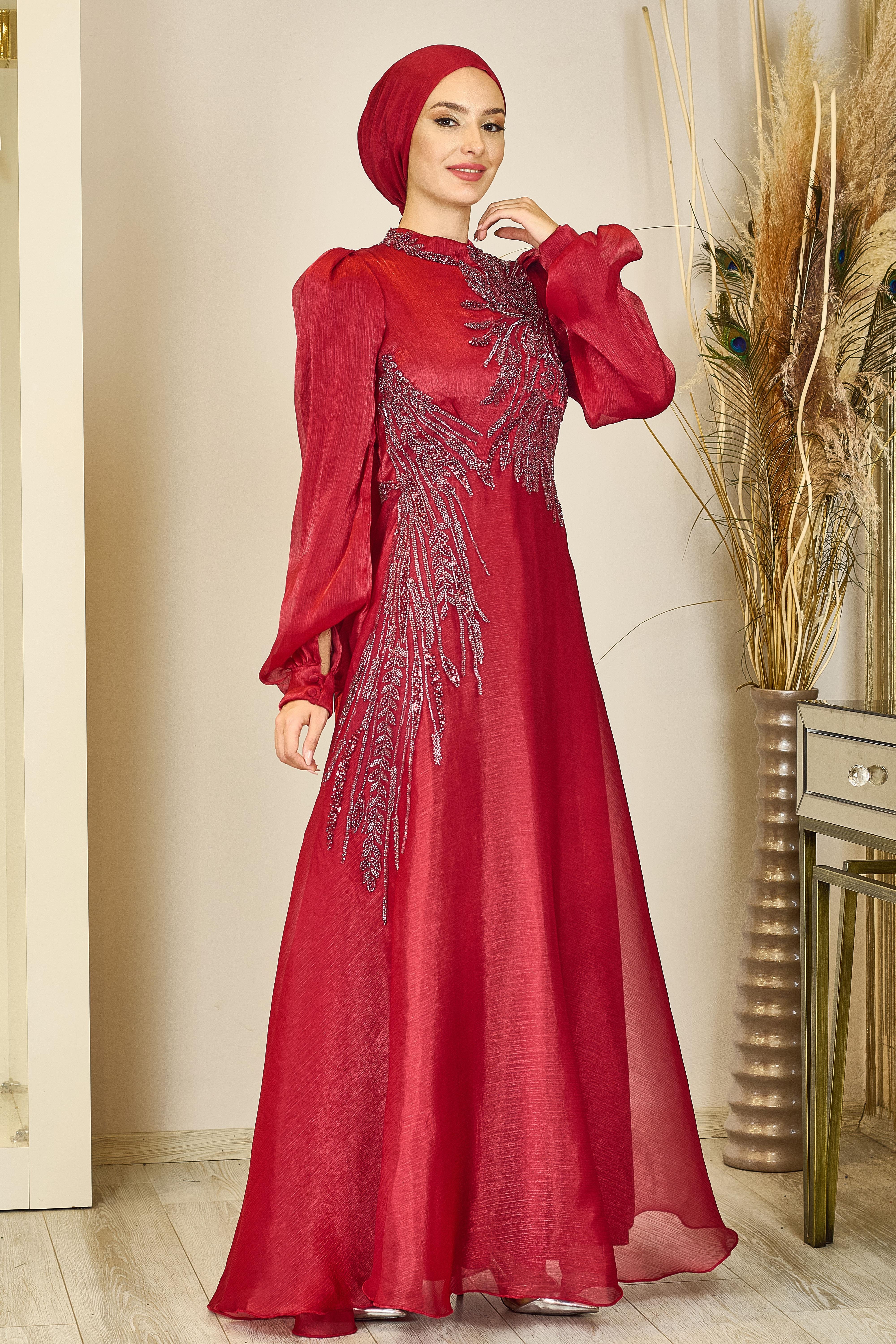 Aplik İşlemeli Yağmur Tesettür Abiye - Bordo