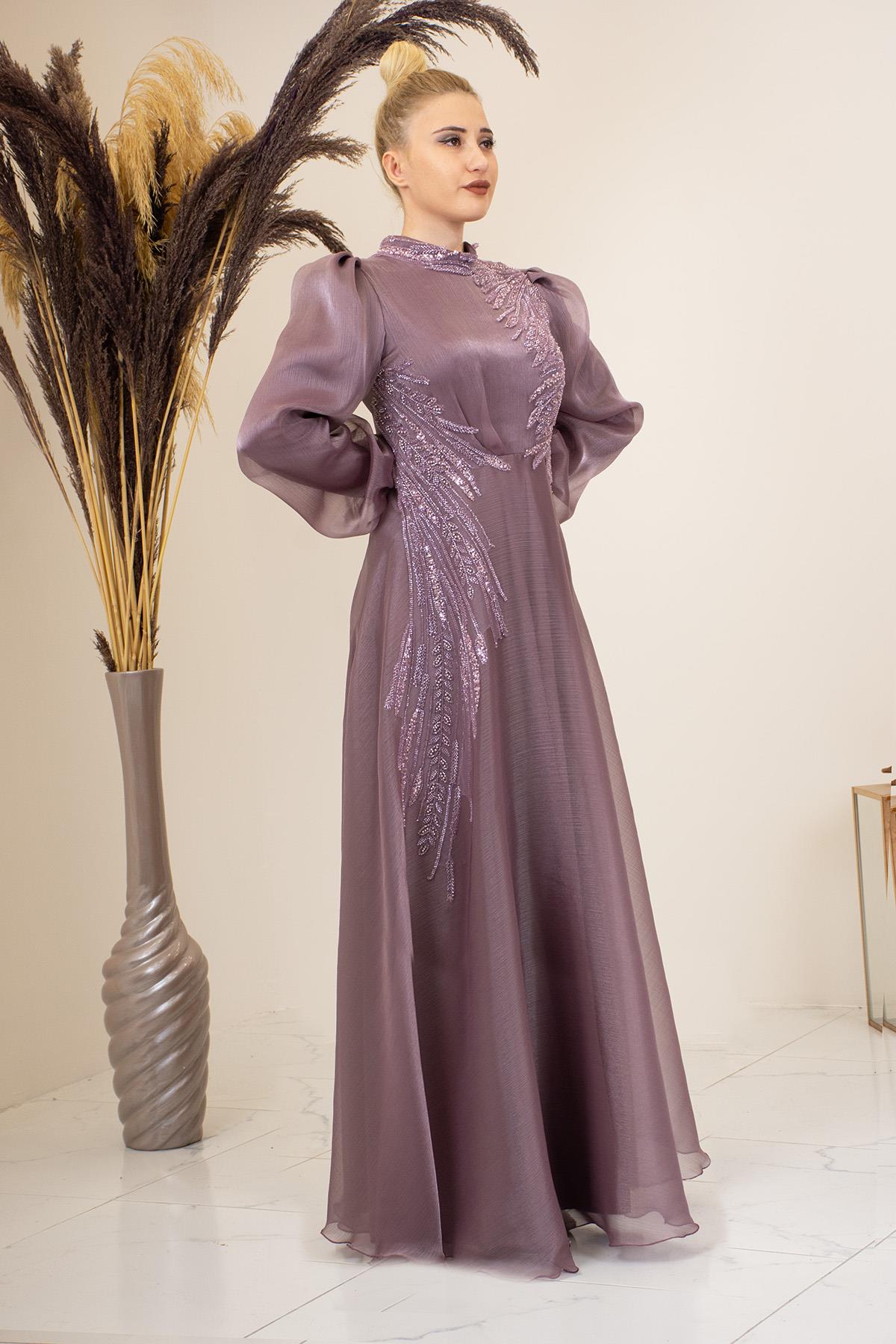 Aplik İşlemeli Yağmur Tesettür Abiye - Gül Kurusu