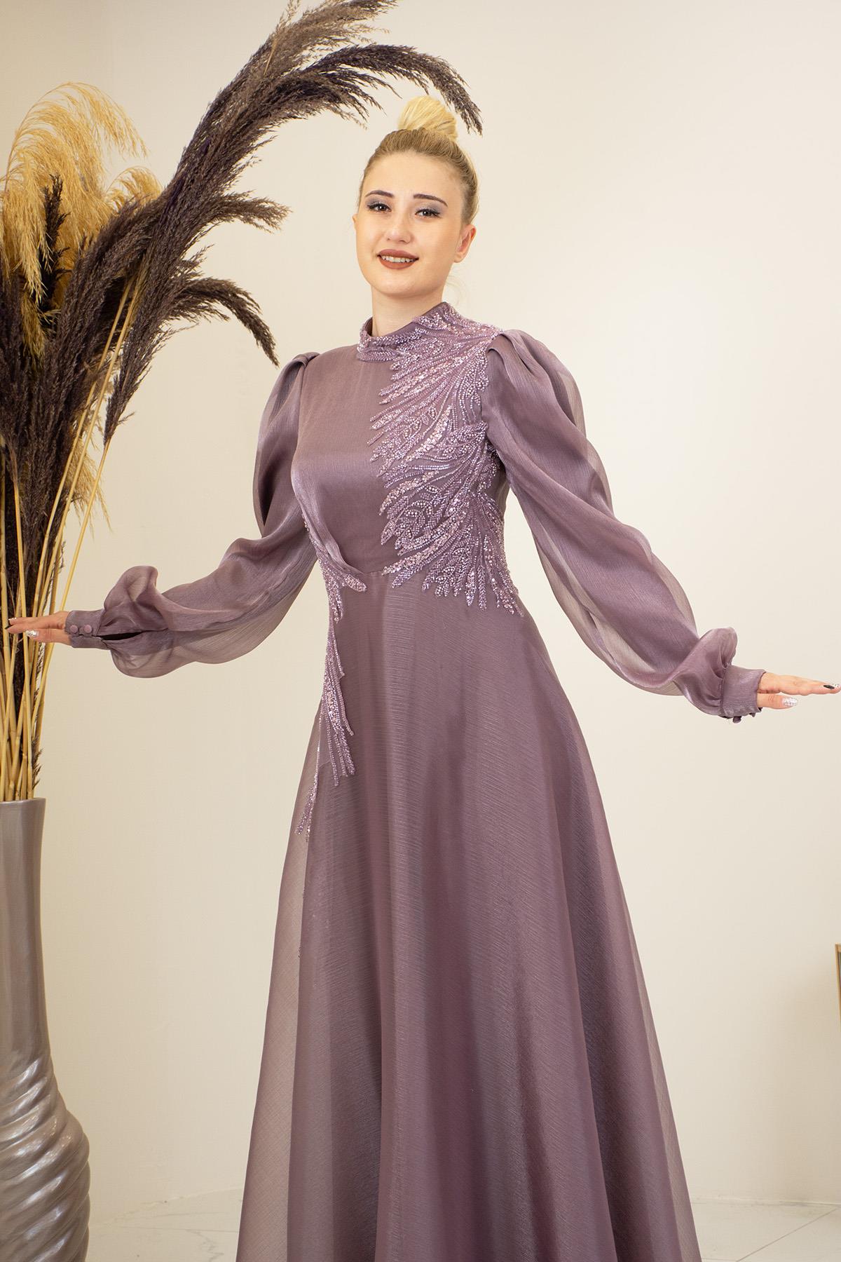 Aplik İşlemeli Yağmur Tesettür Abiye - Gül Kurusu