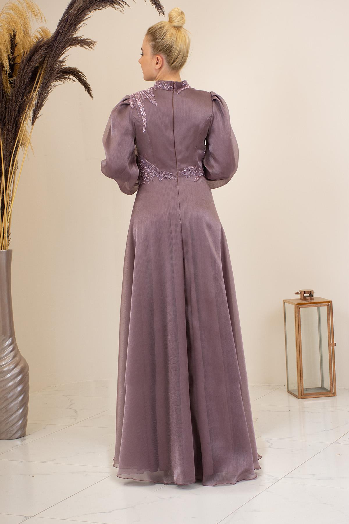 Aplik İşlemeli Yağmur Tesettür Abiye - Gül Kurusu