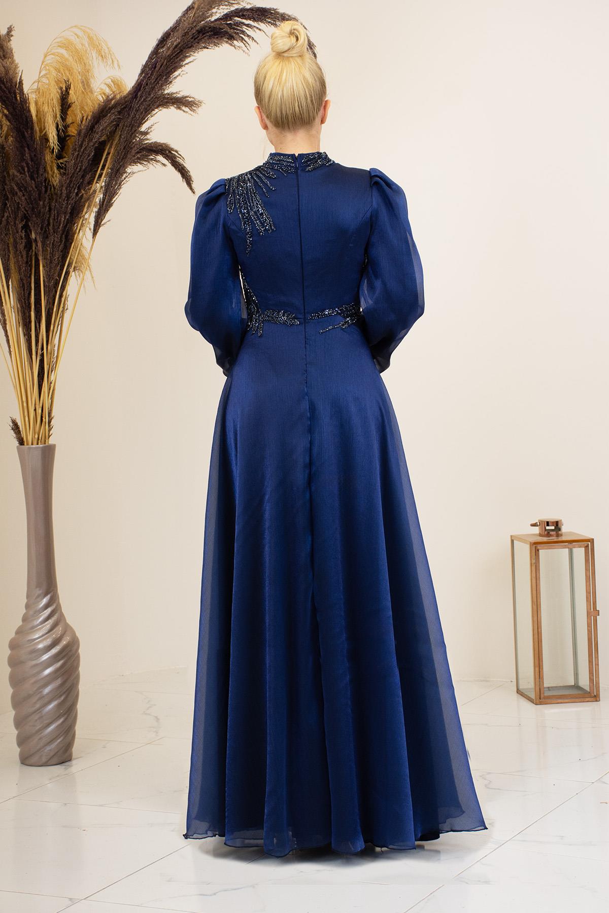 Aplik İşlemeli Yağmur Tesettür Abiye - Lacivert