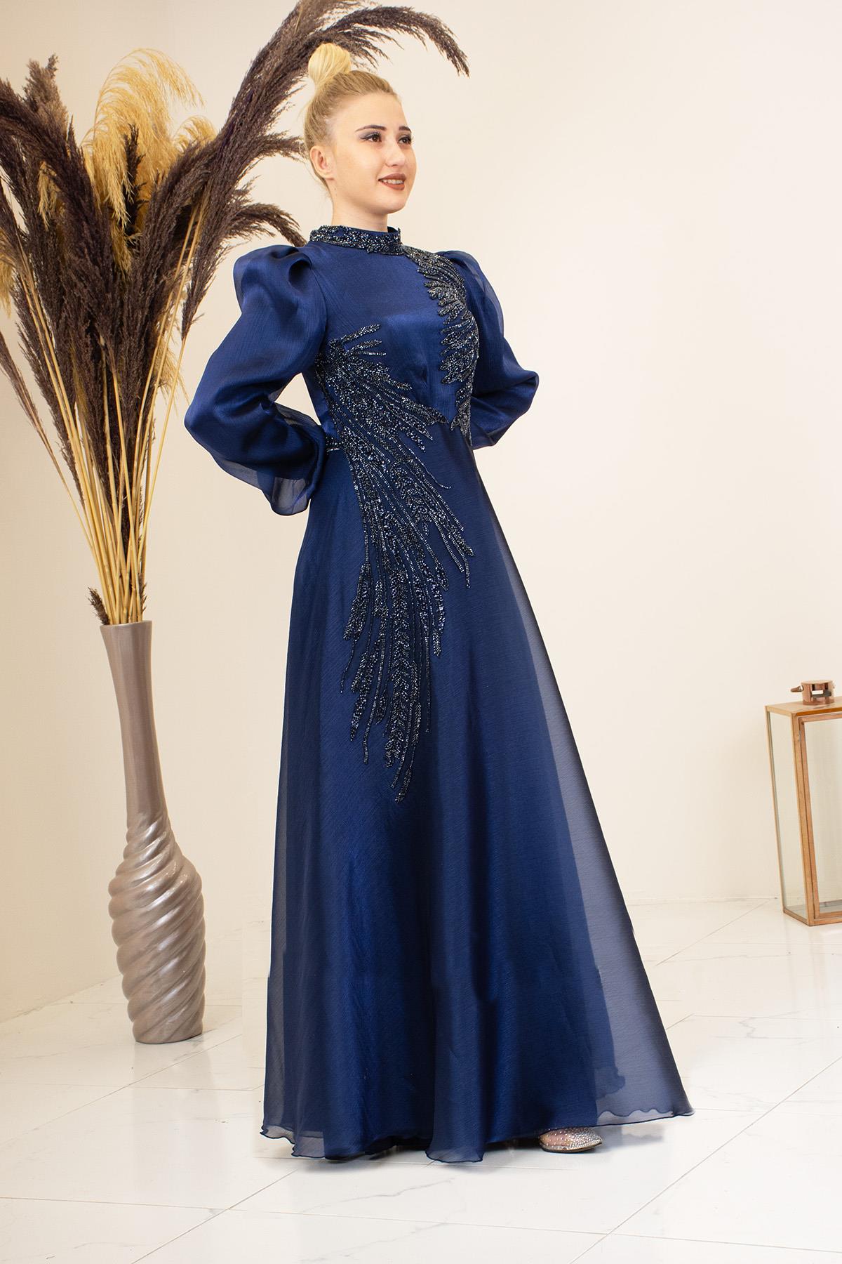 Aplik İşlemeli Yağmur Tesettür Abiye - Lacivert