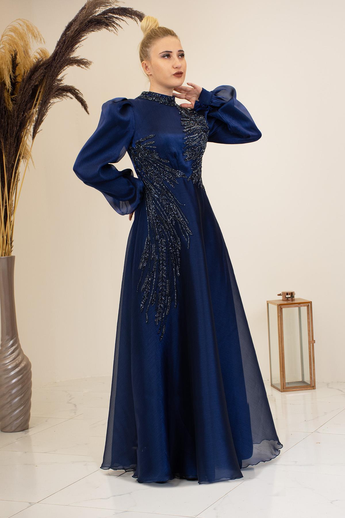 Aplik İşlemeli Yağmur Tesettür Abiye - Lacivert