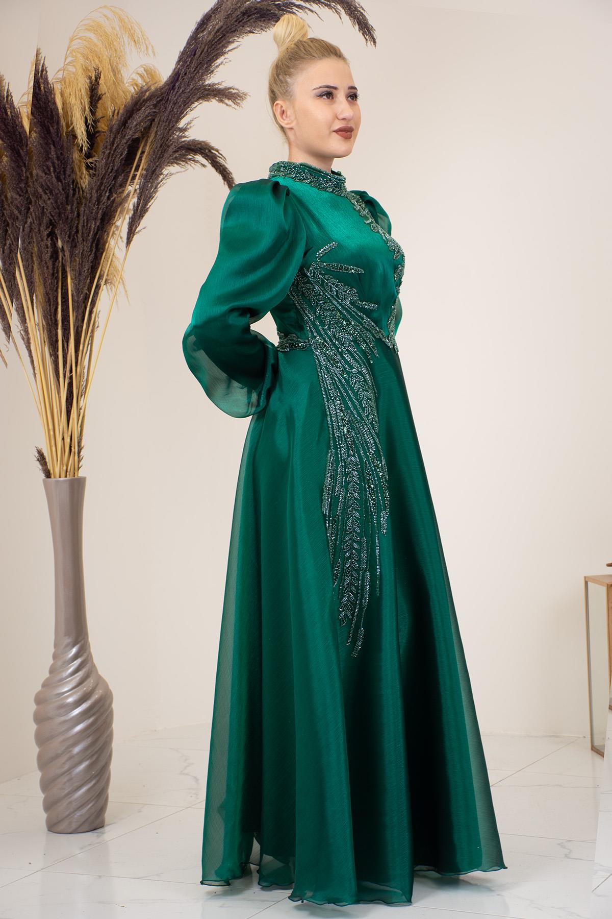 Aplik İşlemeli Yağmur Tesettür Abiye -Zümrüt