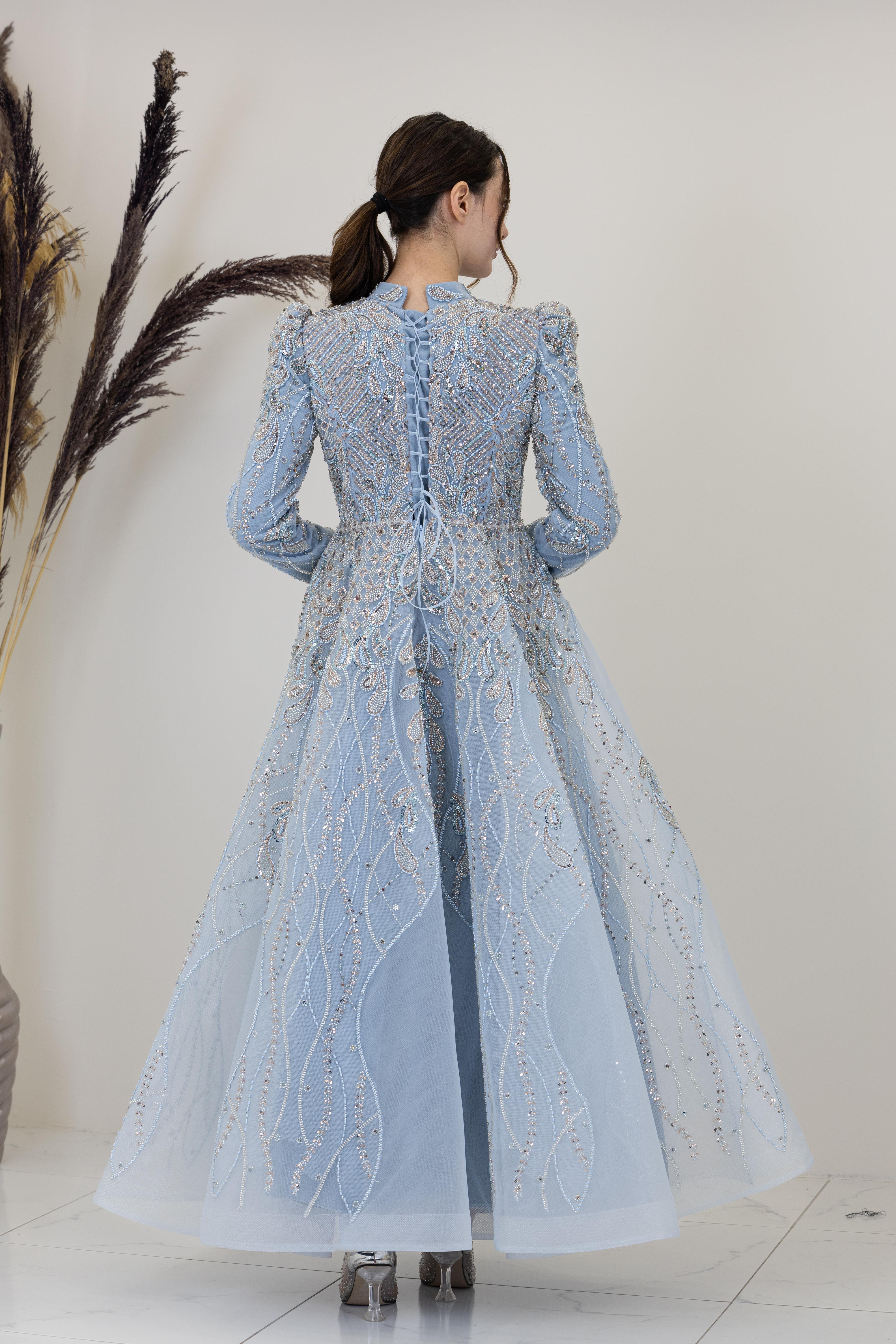 Aplik İşlemeli Yaprak Abiye - Buz Mavisi