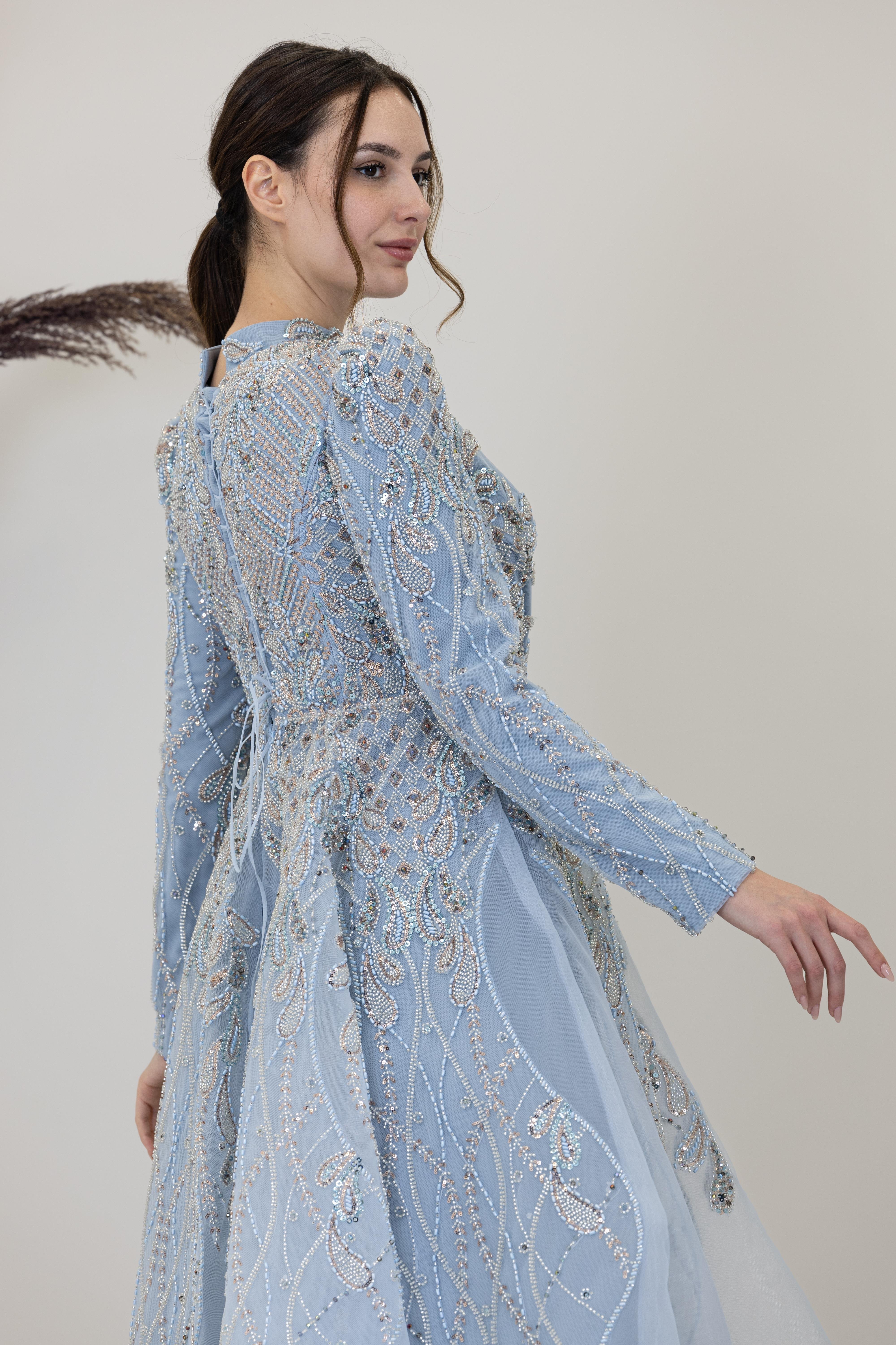 Aplik İşlemeli Yaprak Abiye - Buz Mavisi