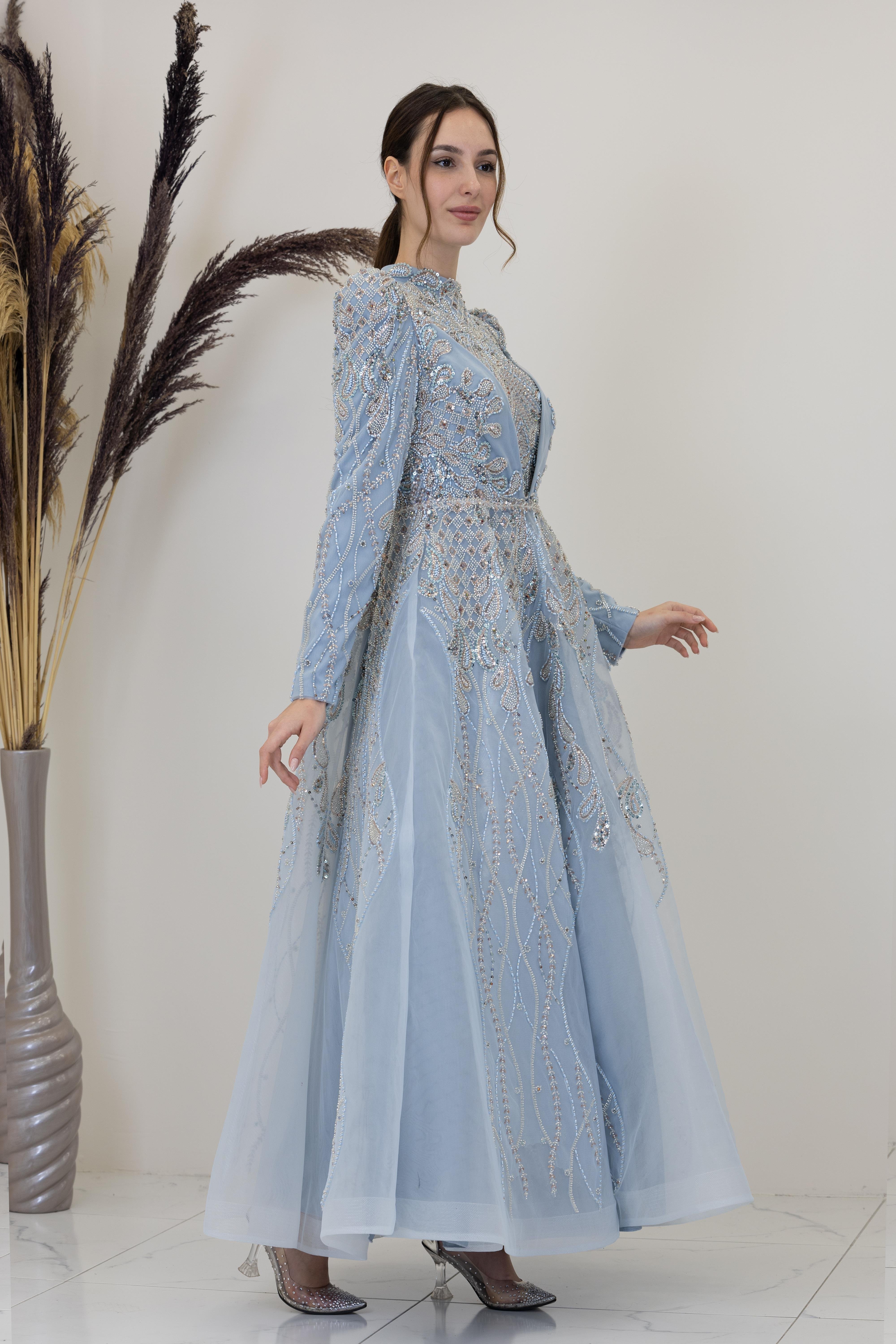 Aplik İşlemeli Yaprak Abiye - Buz Mavisi