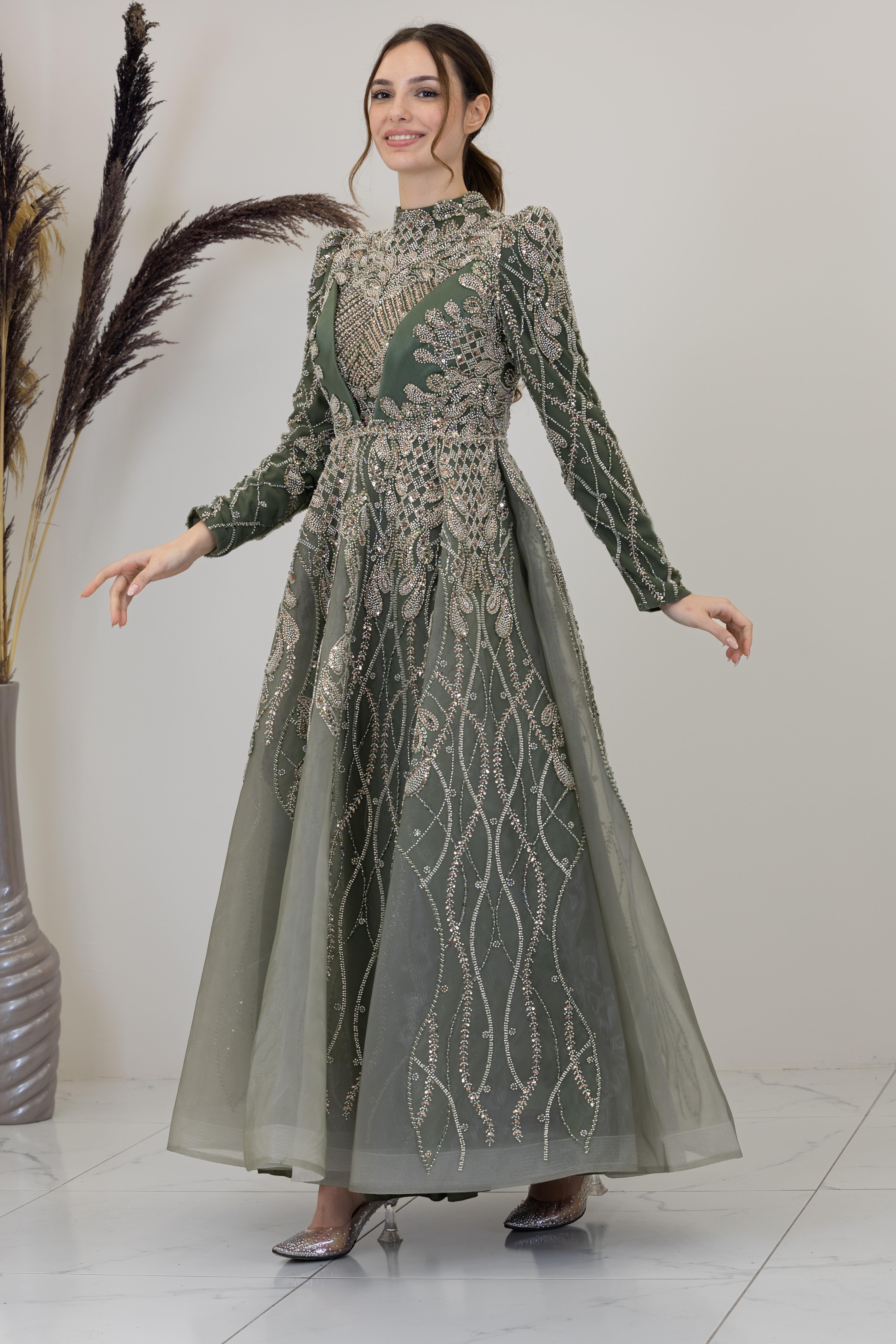 Aplik İşlemeli Yaprak Abiye - Haki