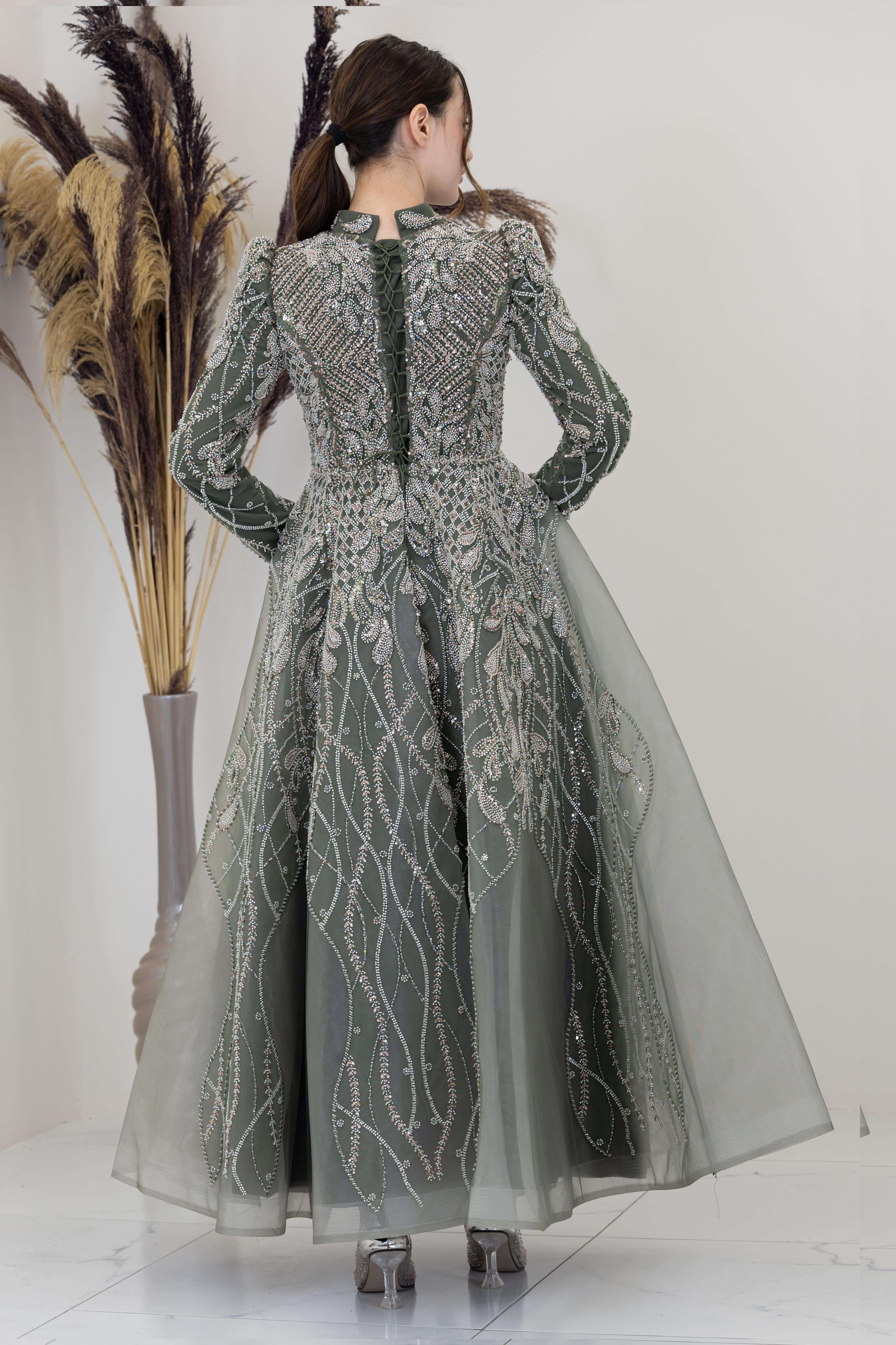 Aplik İşlemeli Yaprak Abiye - Haki