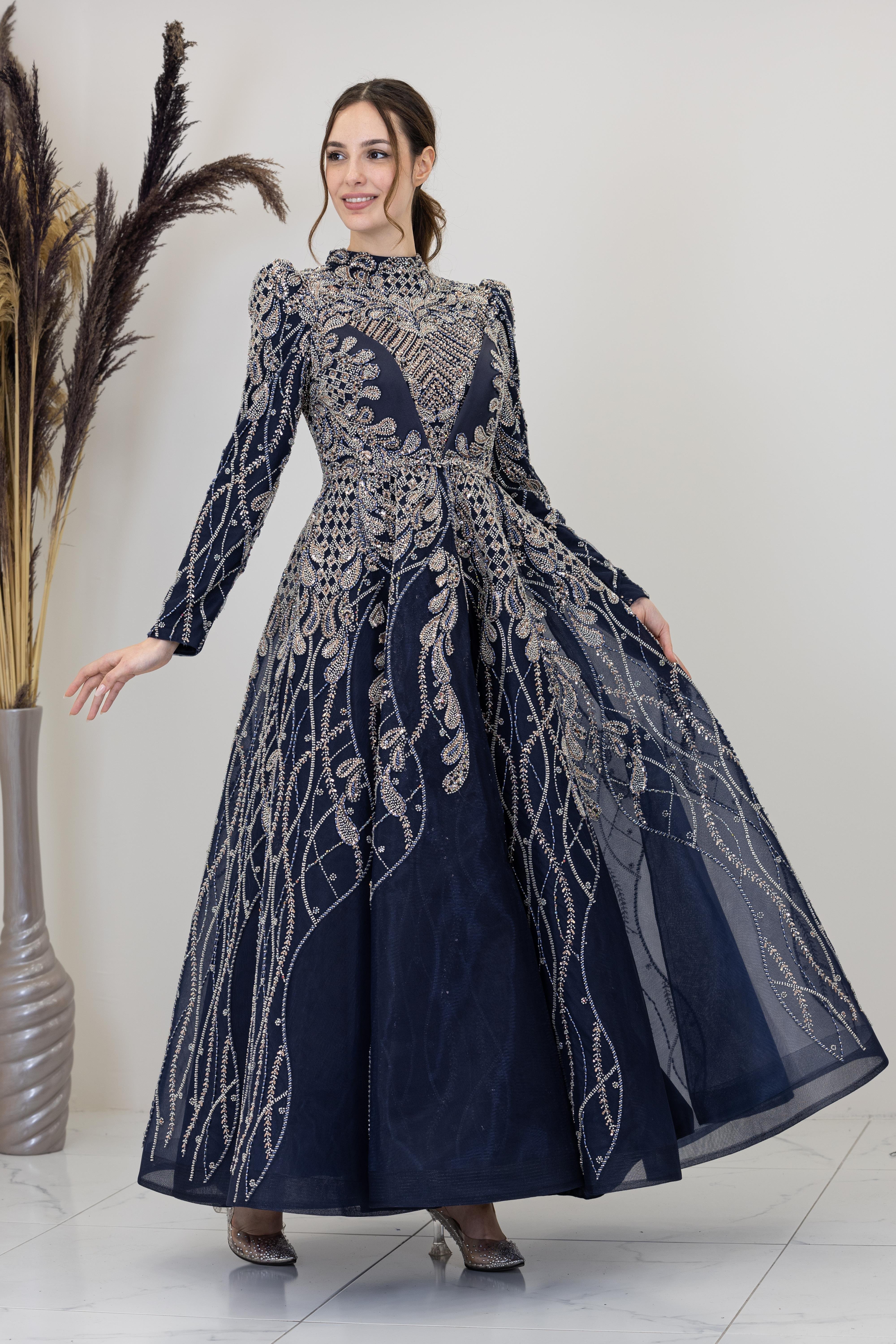 Aplik İşlemeli Yaprak Abiye - Lacivert