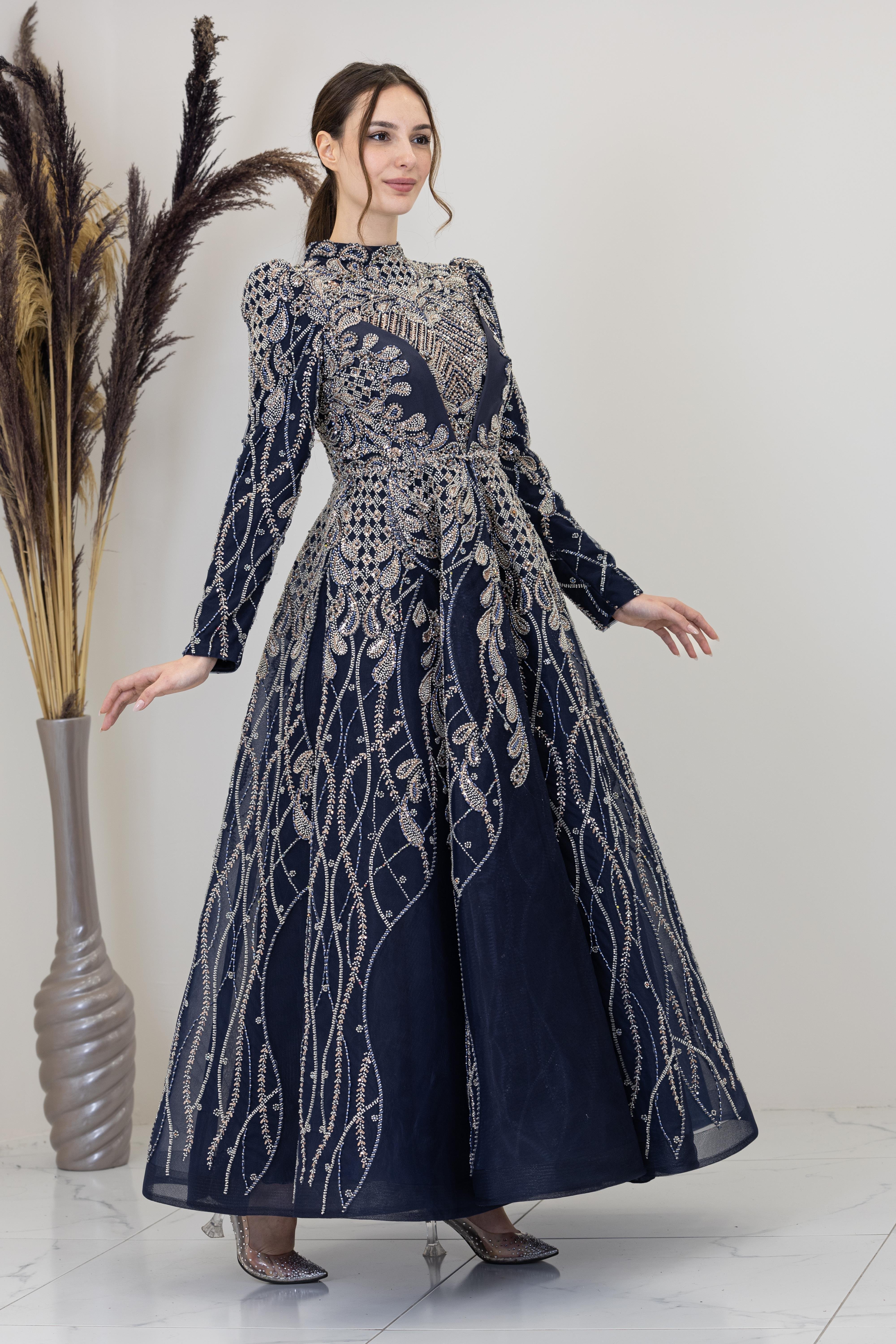 Aplik İşlemeli Yaprak Abiye - Lacivert