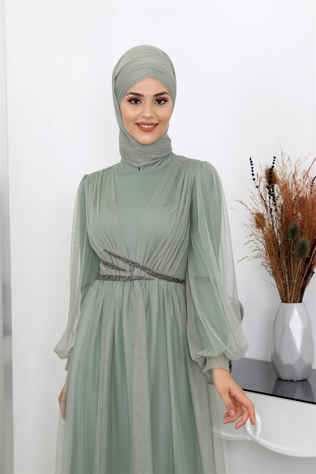 Aysima Bel Kısmı Boncuk İşle. Astarlı Gizli Ferm. Tesettür Abiye Çağla Yeşil