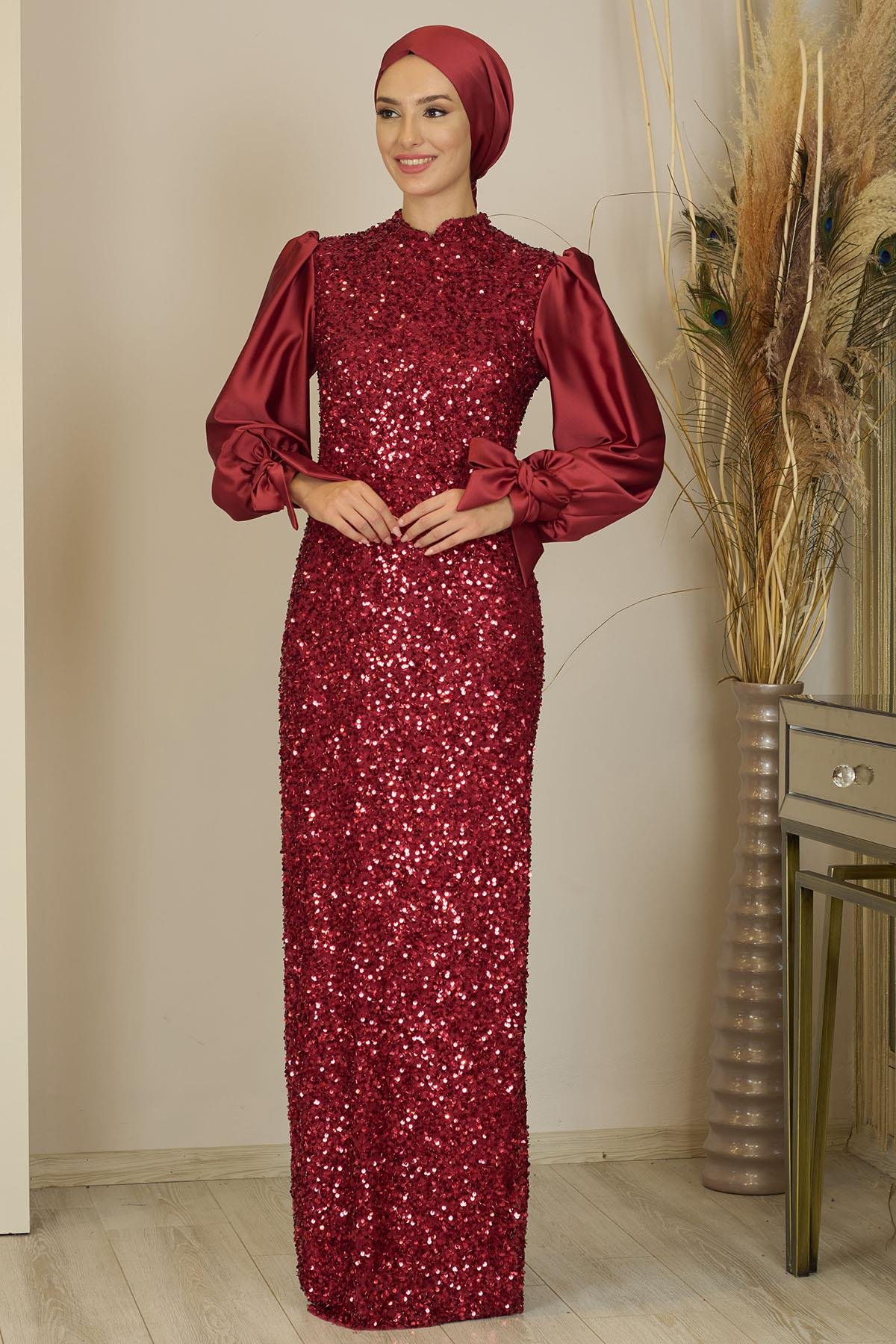 Balon Kollu Pul Payetli Azra Abiye - Bordo 