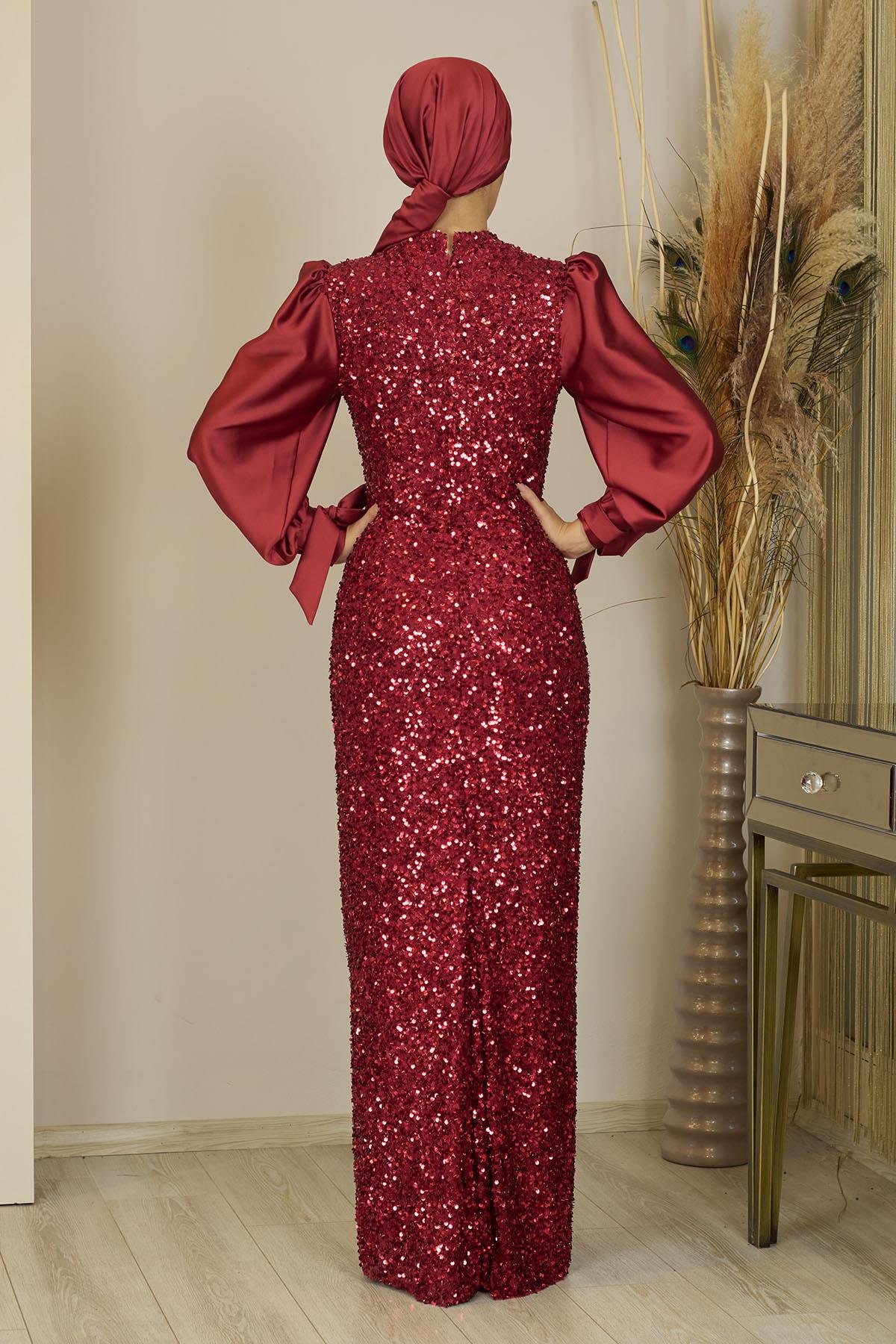 Balon Kollu Pul Payetli Azra Abiye - Bordo 