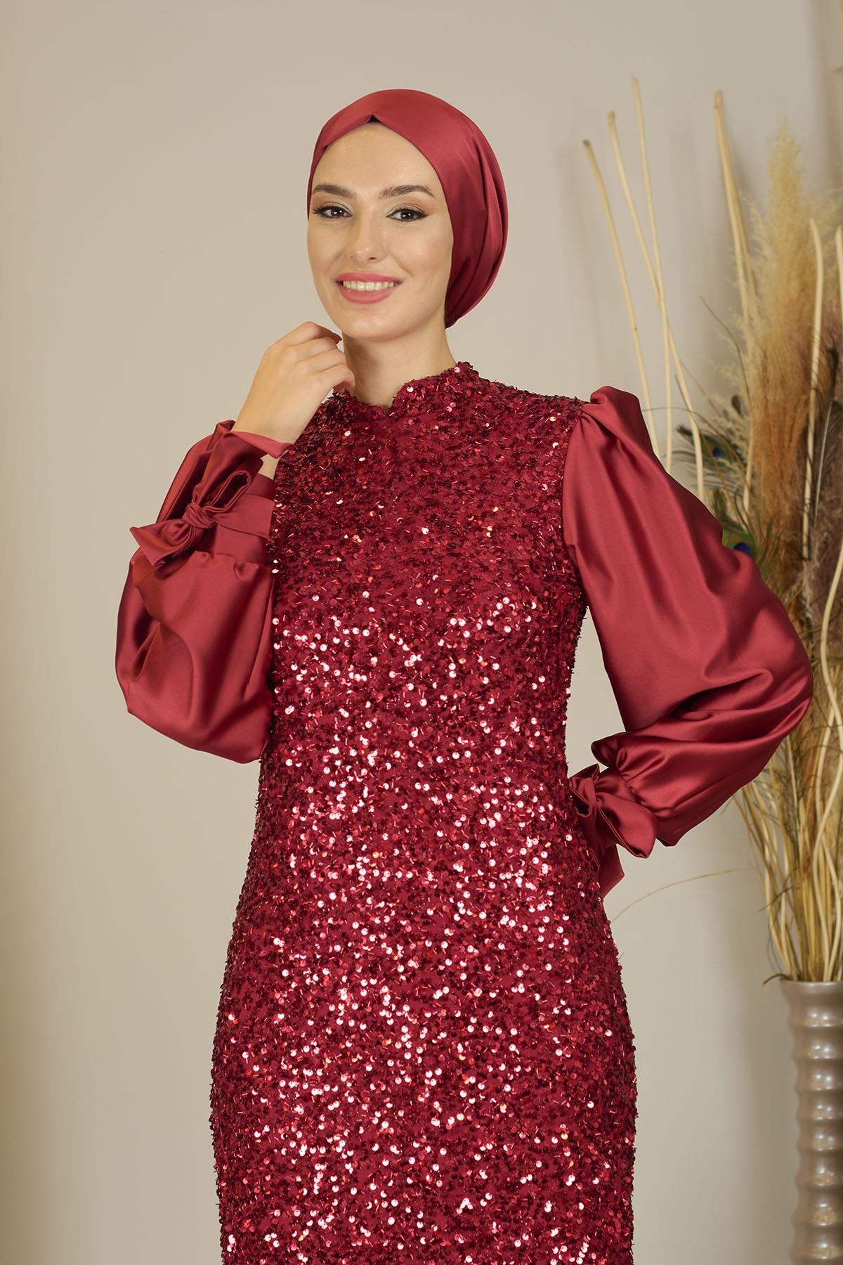 Balon Kollu Pul Payetli Azra Abiye - Bordo 