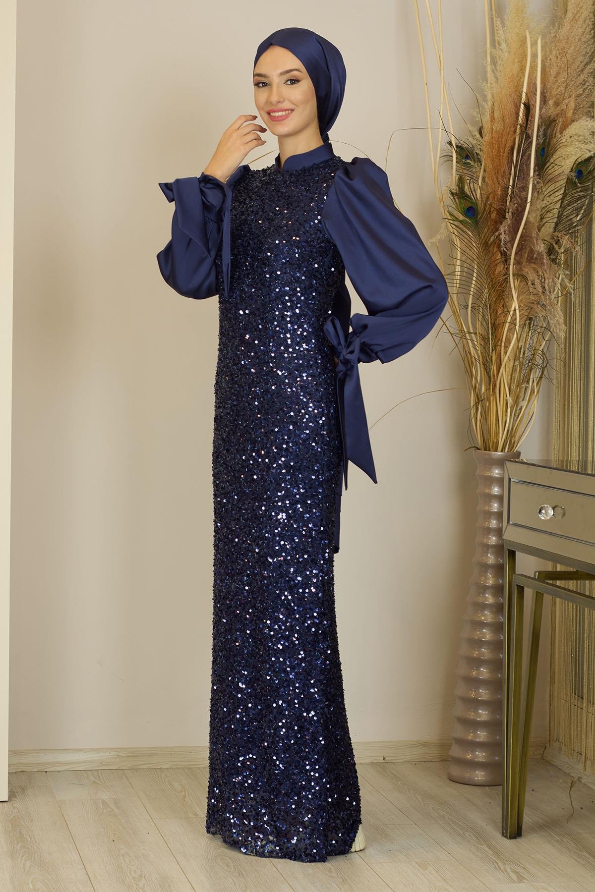 Balon Kollu Pul Payetli Azra Abiye - Lacivert