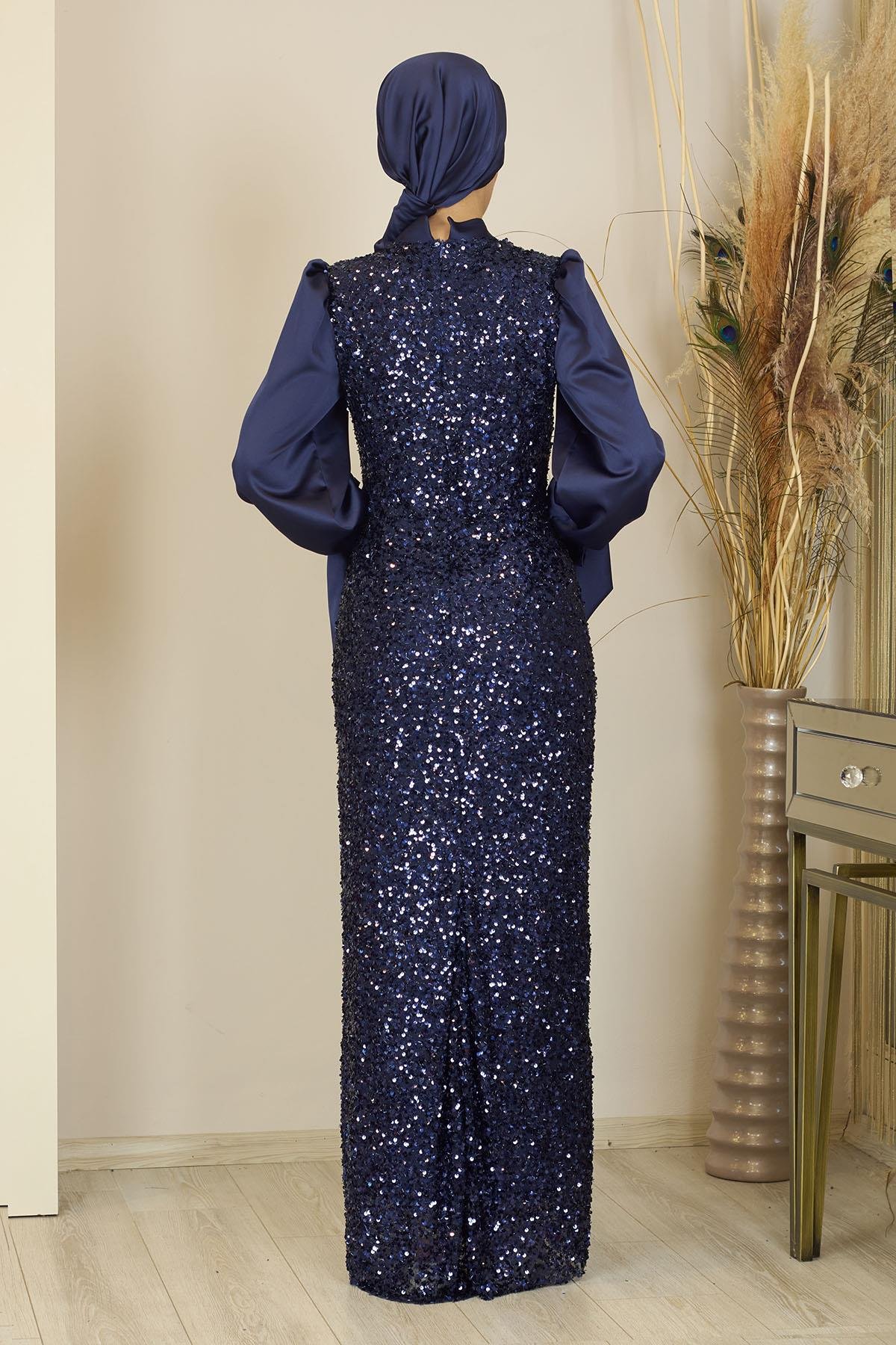 Balon Kollu Pul Payetli Azra Abiye - Lacivert