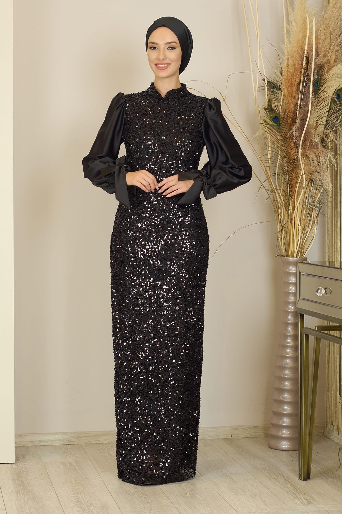 Balon Kollu Pul Payetli Azra Abiye - Siyah