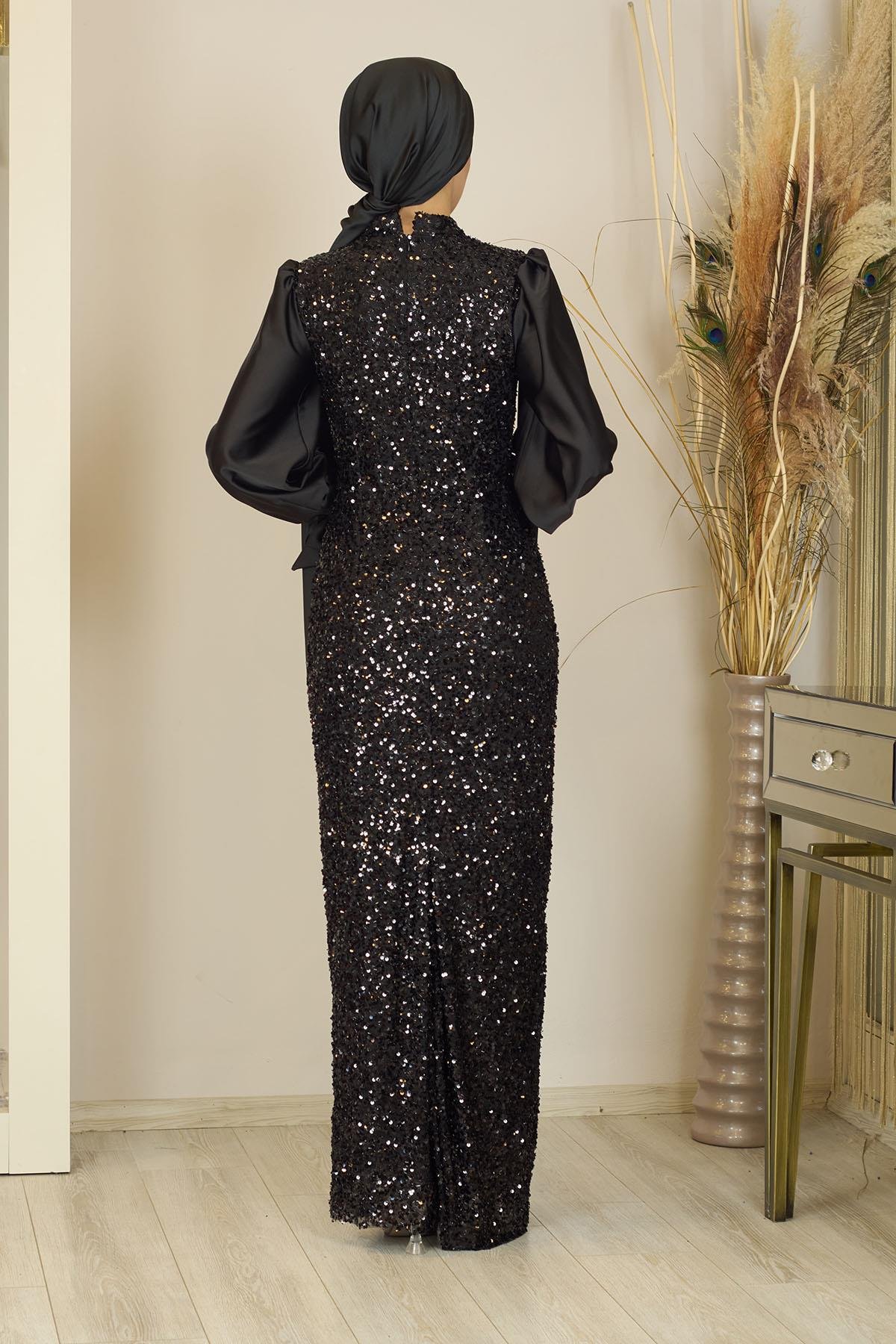 Balon Kollu Pul Payetli Azra Abiye - Siyah