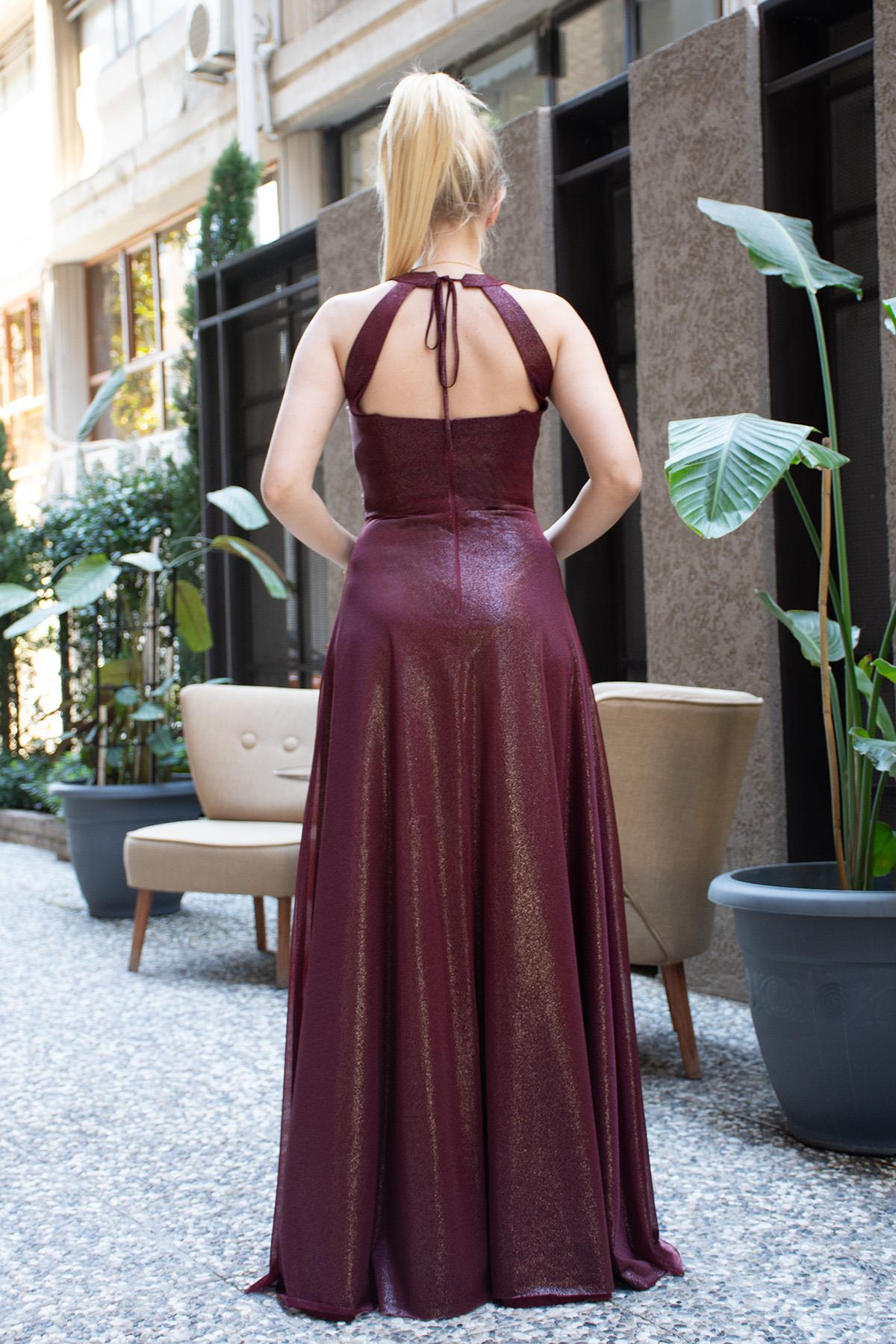 Beli Büzgülü Yandan Yırtmaçlı Perla Abiye Bordo