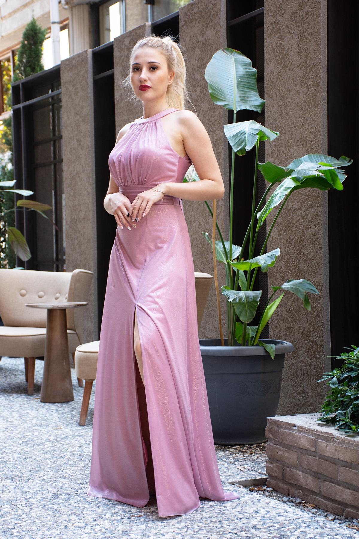 Beli Büzgülü Yandan Yırtmaçlı Perla Abiye Pudra