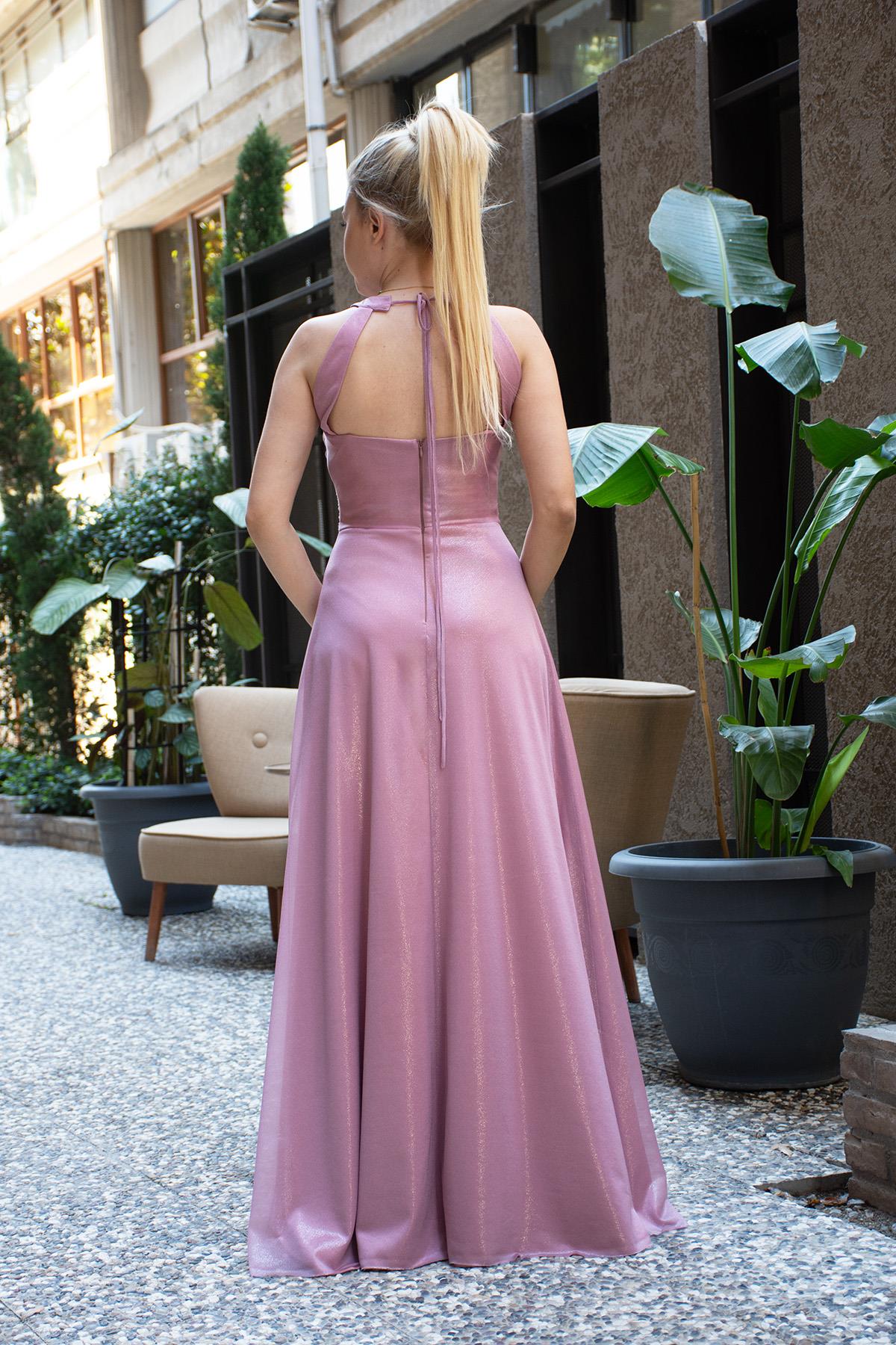 Beli Büzgülü Yandan Yırtmaçlı Perla Abiye Pudra