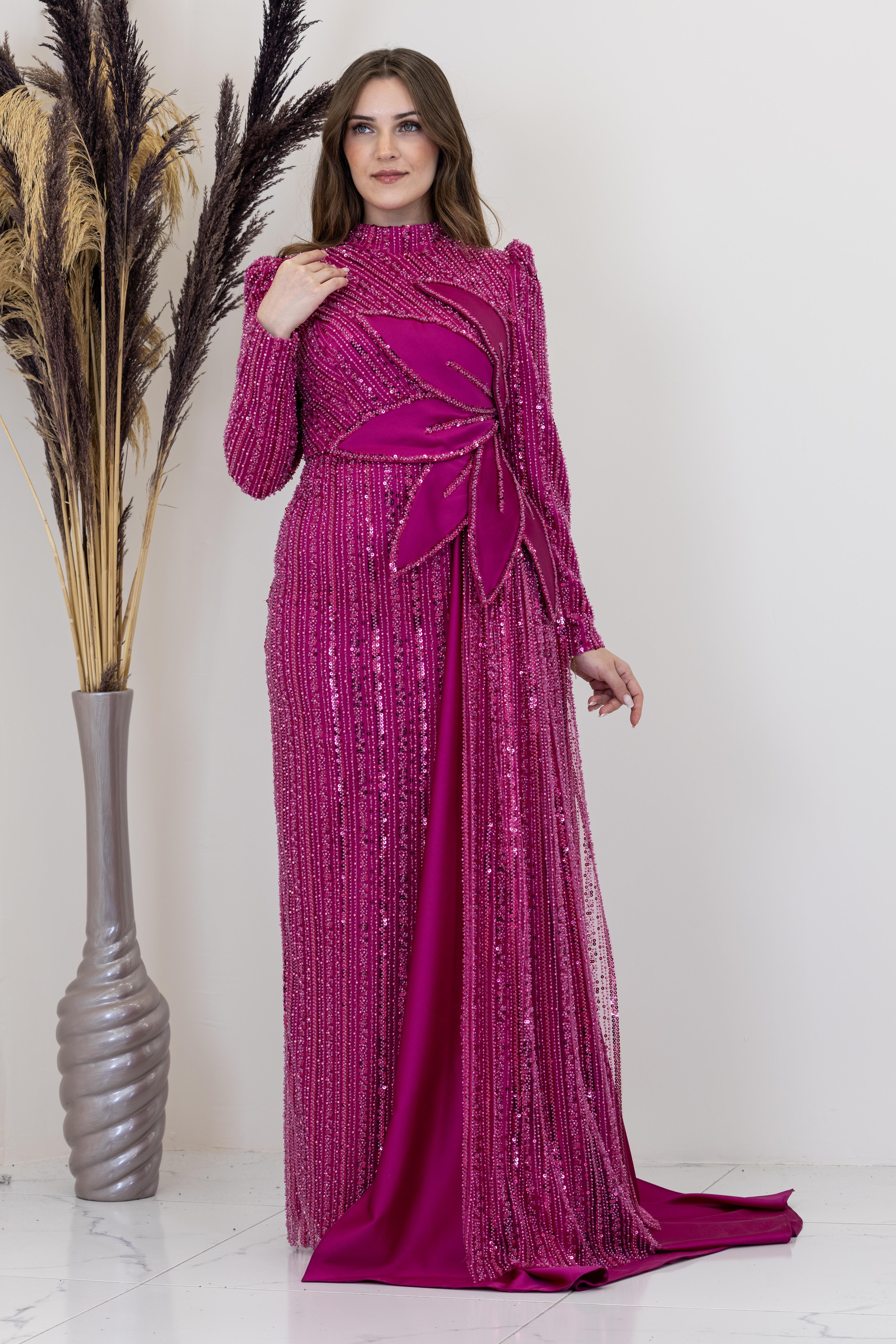 Beli Çiçek Detaylı Bergüzar Abiye - Fuşya