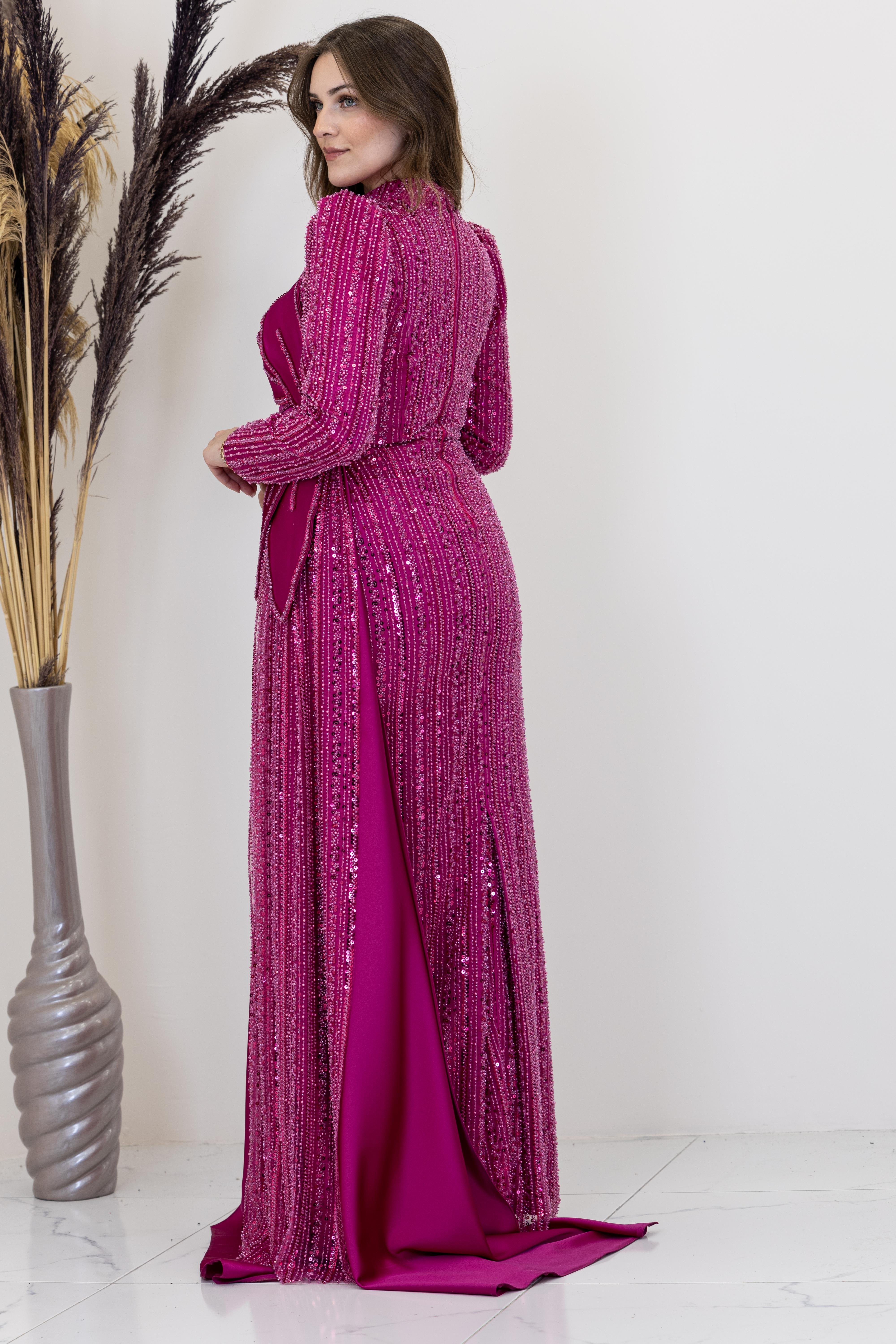 Beli Çiçek Detaylı Bergüzar Abiye - Fuşya