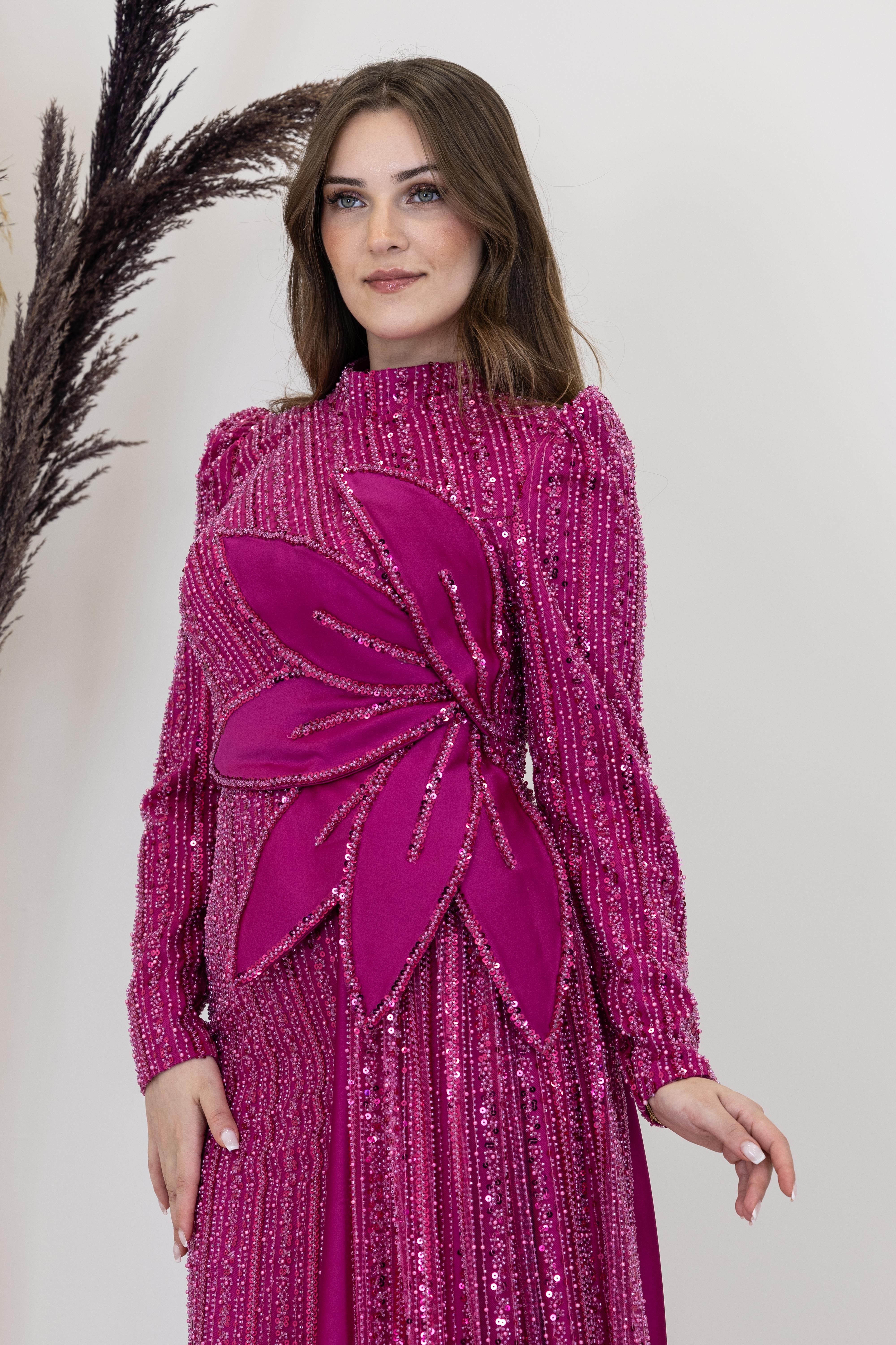 Beli Çiçek Detaylı Bergüzar Abiye - Fuşya