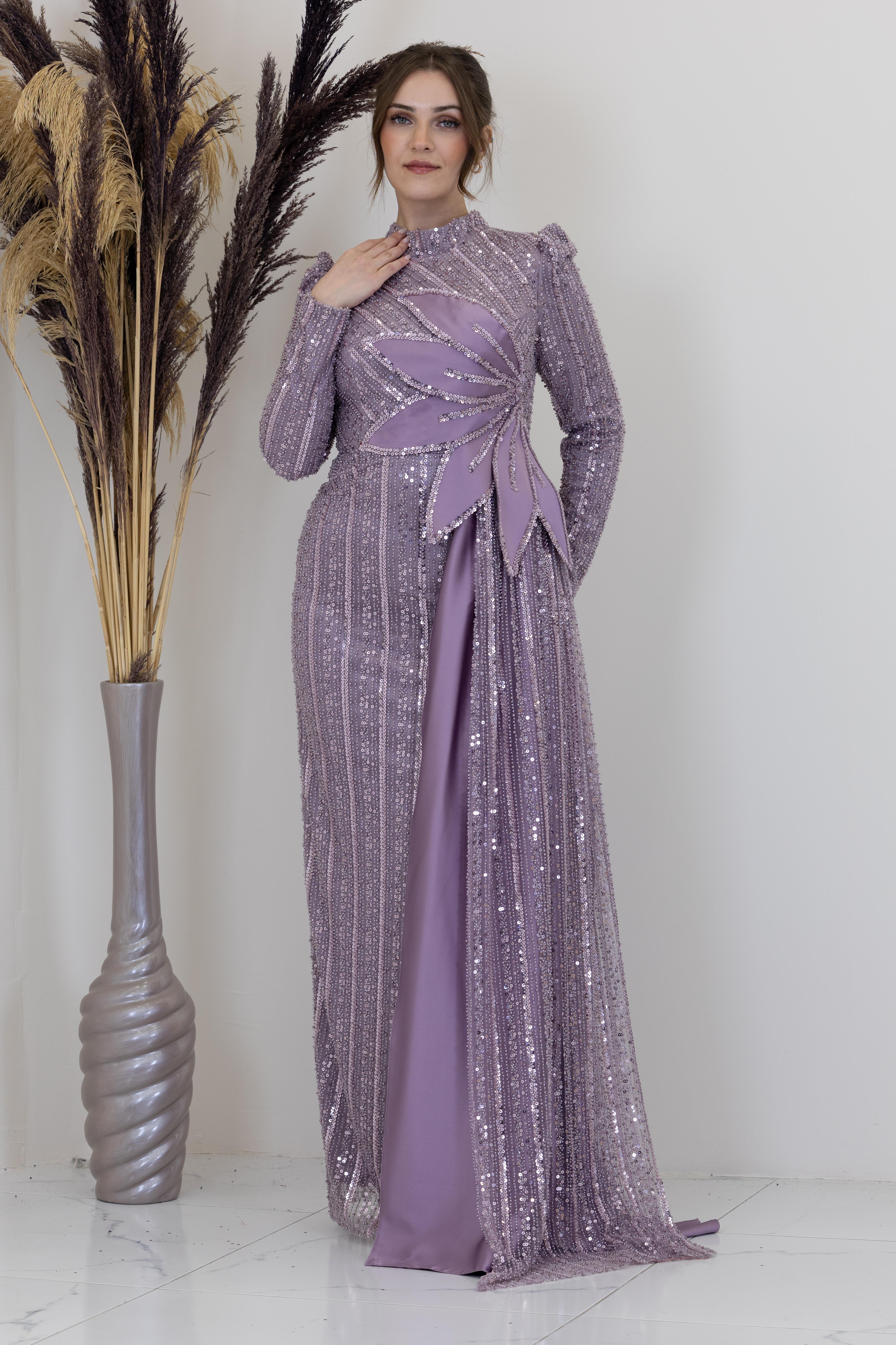 Beli Çiçek Detaylı Bergüzar Abiye - Gül Kurusu