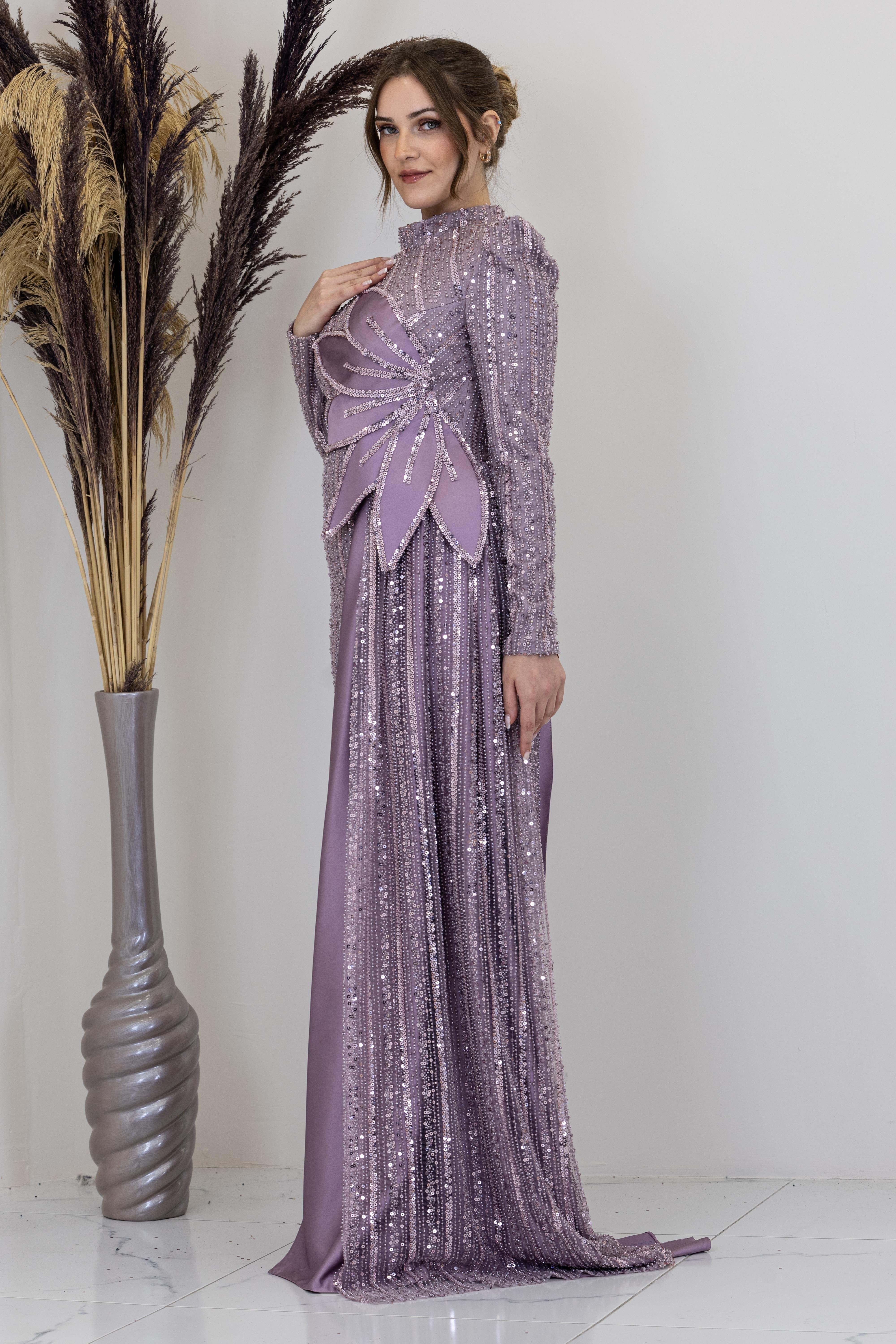 Beli Çiçek Detaylı Bergüzar Abiye - Gül Kurusu