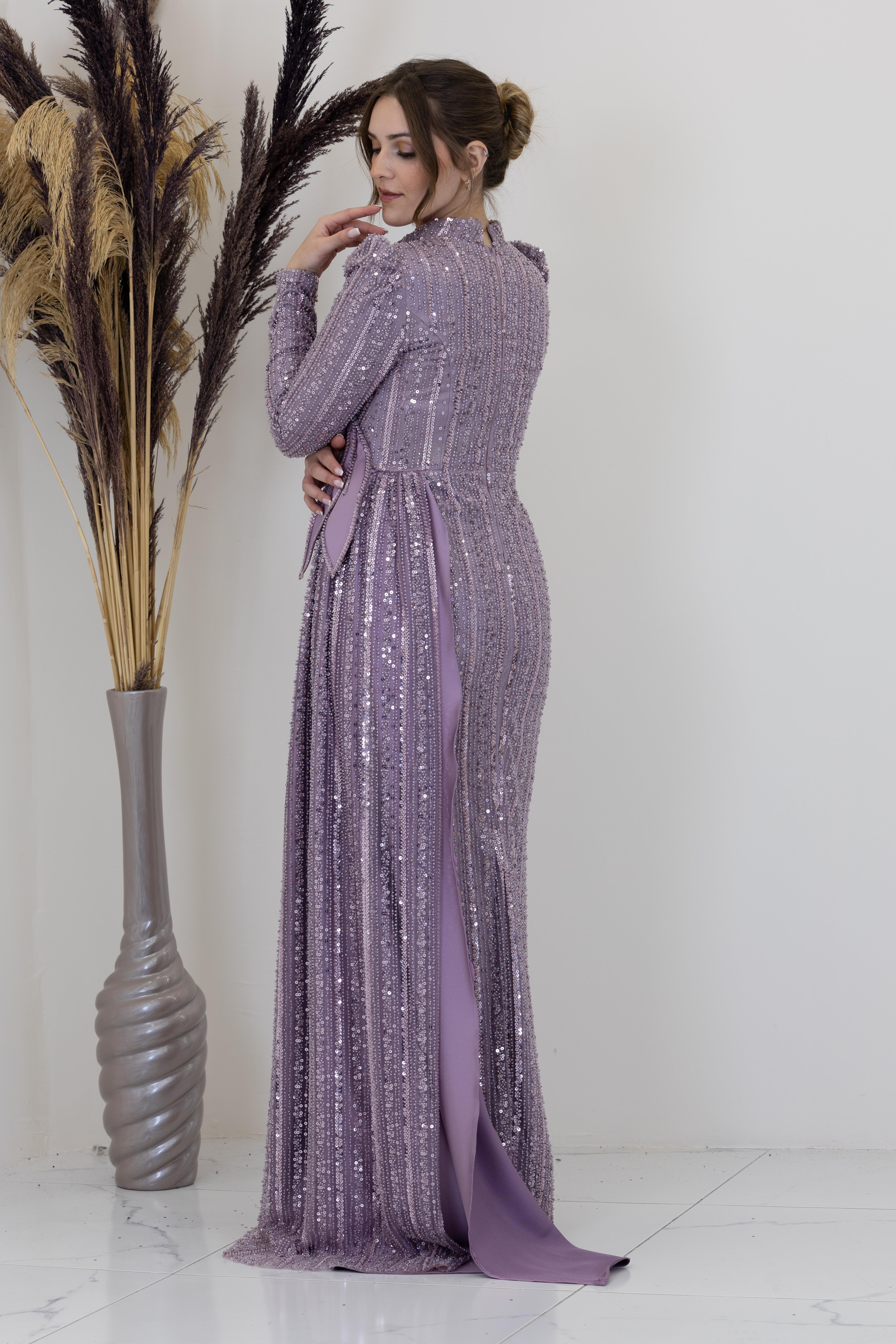 Beli Çiçek Detaylı Bergüzar Abiye - Gül Kurusu