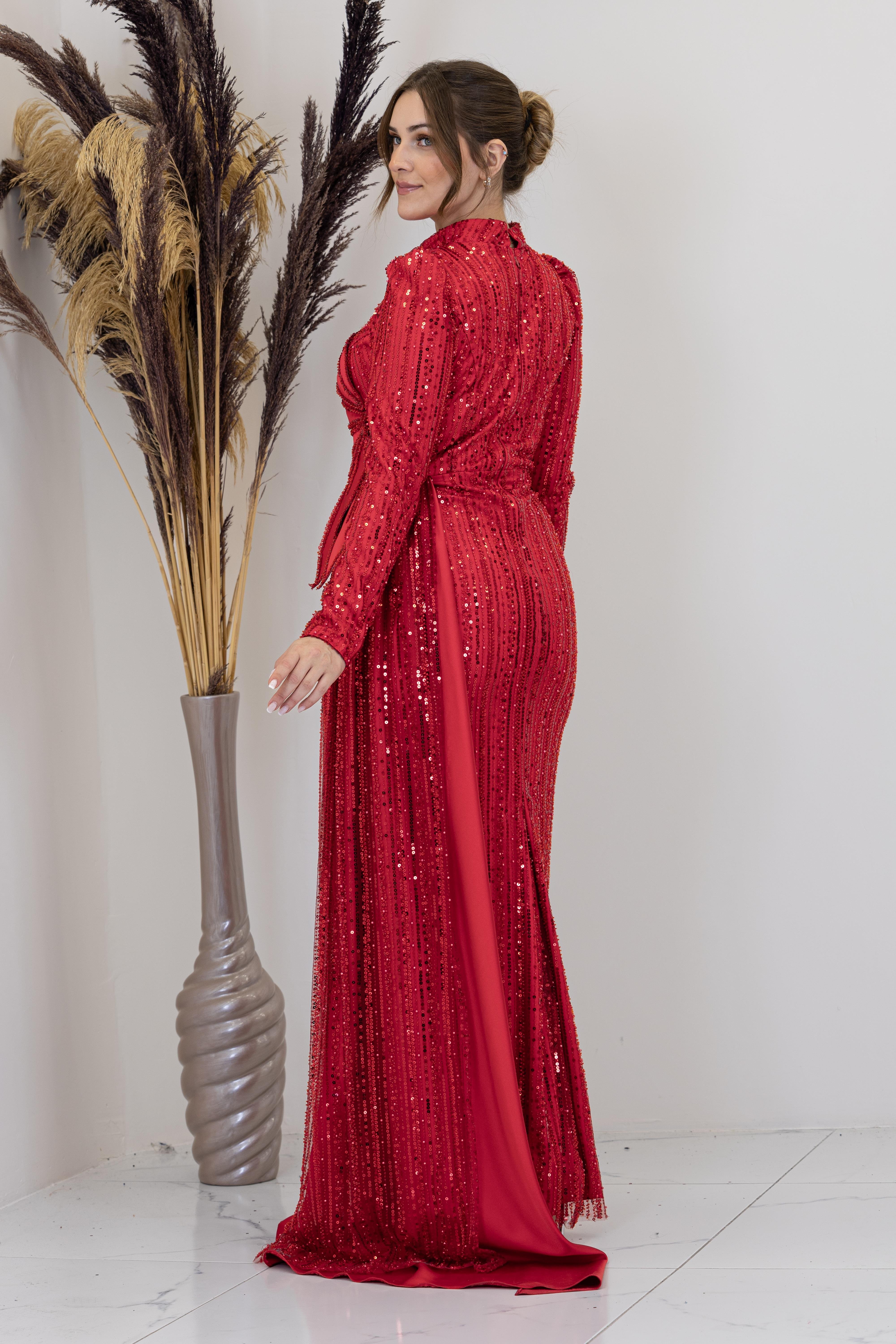 Beli Çiçek Detaylı Bergüzar Abiye - Kırmızı