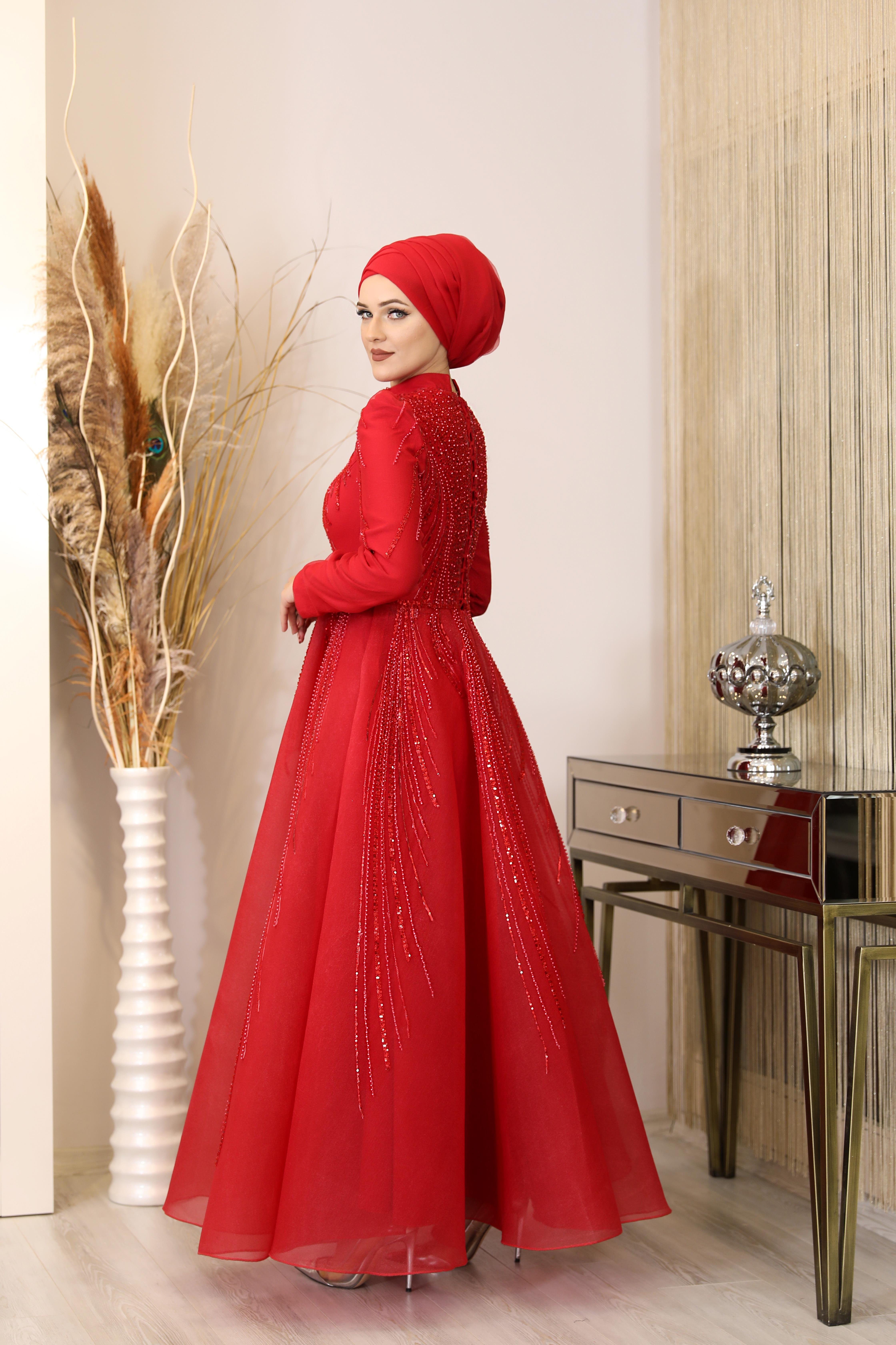 Boncuk Detaylı Samyeli Abiye - Kırmızı