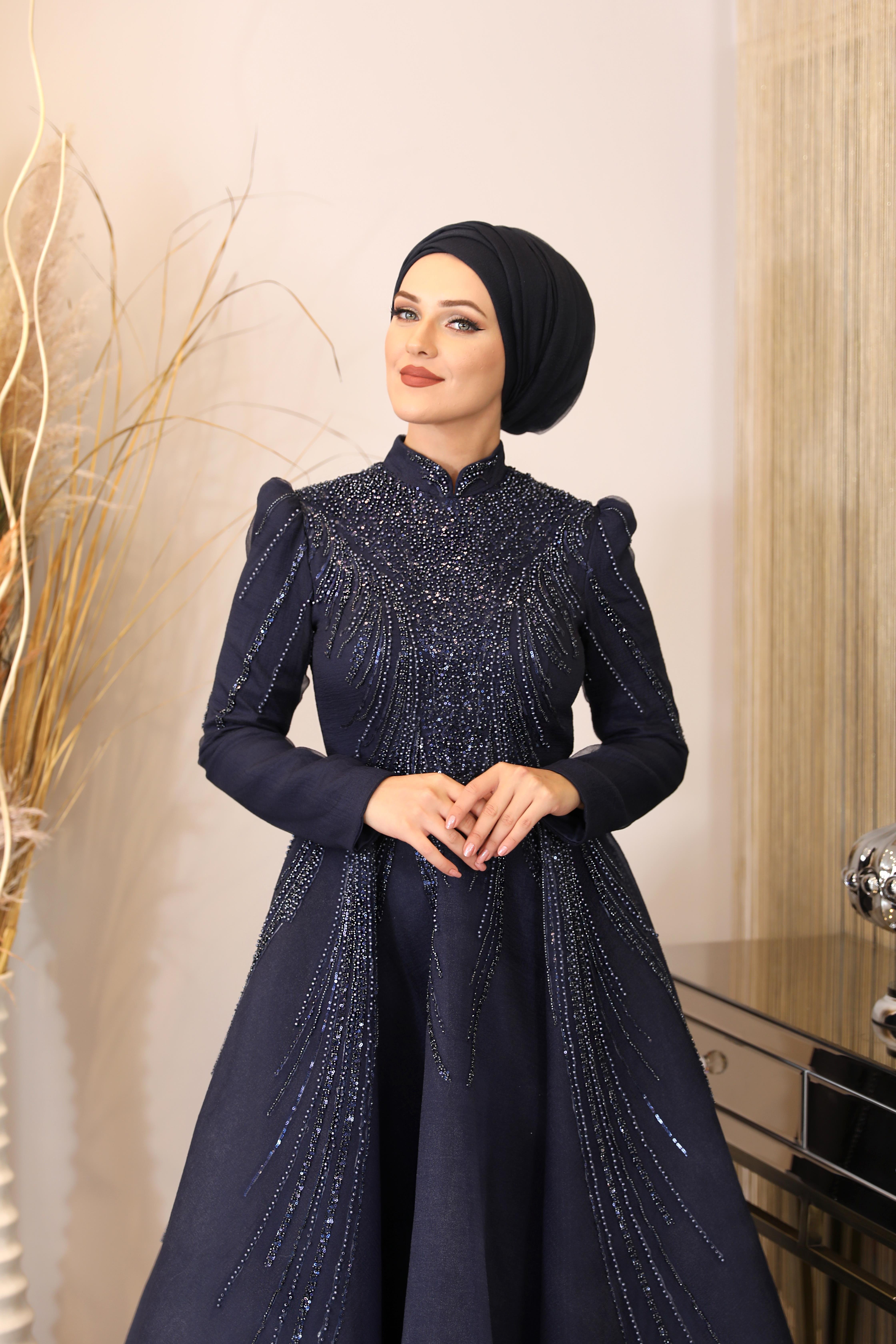 Boncuk Detaylı Samyeli Abiye - Lacivert