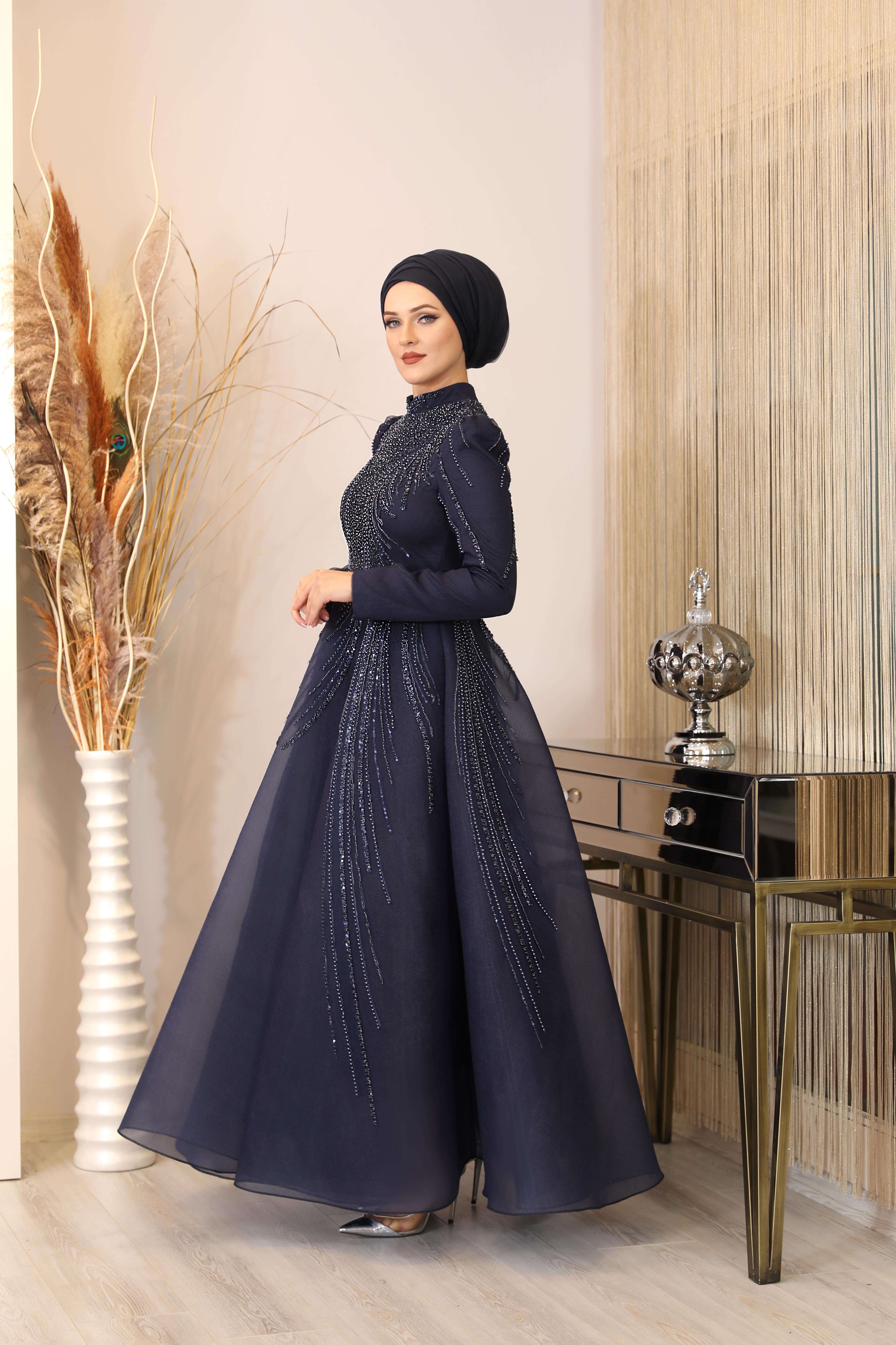 Boncuk Detaylı Samyeli Abiye - Lacivert