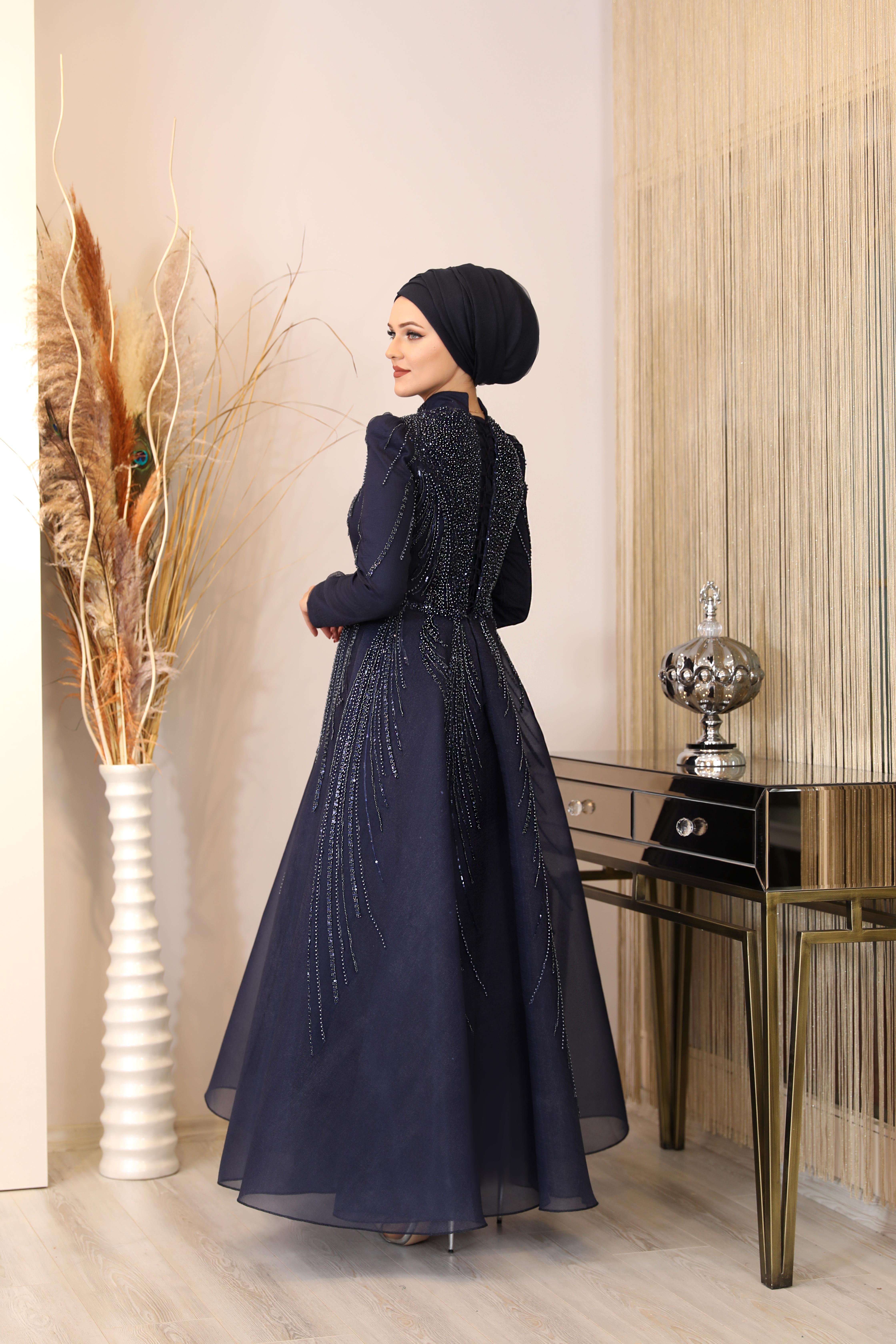 Boncuk Detaylı Samyeli Abiye - Lacivert